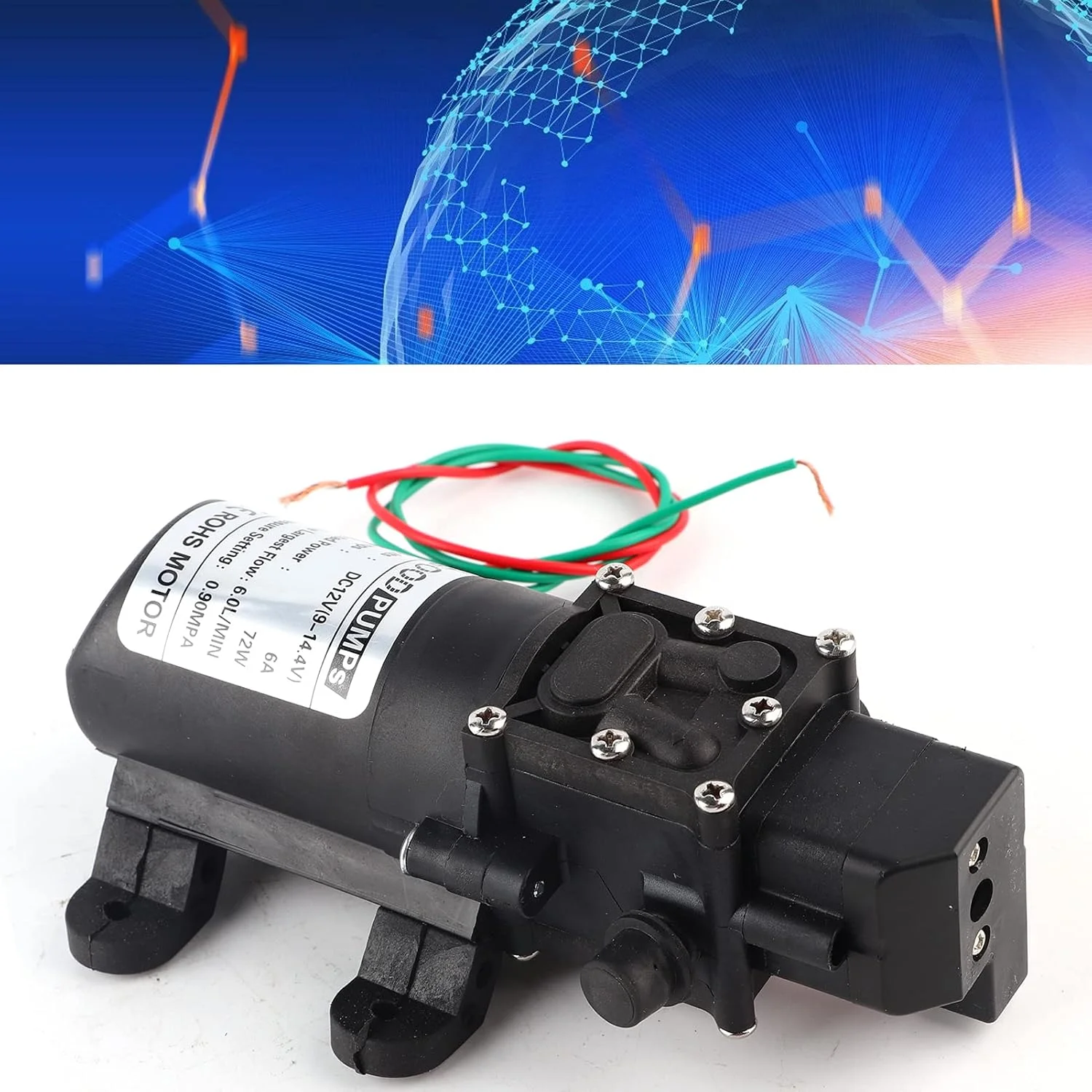 پمپ دیافراگمی 12 ولت 72 وات با جریان 4-6.0 لیتر در دقیقه، ساخته شده از مواد ABS برای پمپاژ مایعات غیر روغنی و غیر خورنده، مناسب برای آزمایش‌ها، آبیاری گل‌ها، سمپاشی باغ، و پمپاژ آکواریوم