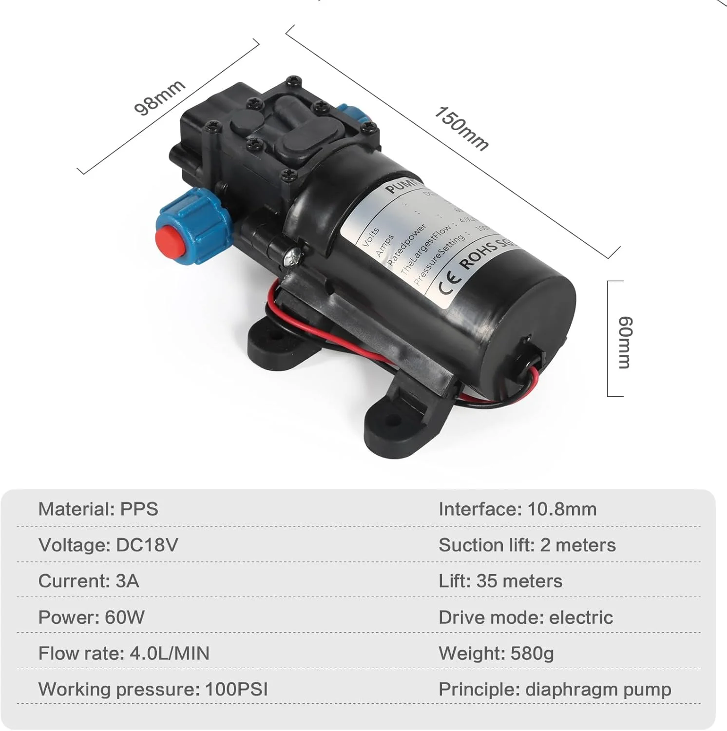 پمپ دیافراگمی DEWIN، پمپ آب برگشتی دیافراگمی میکرو 18 ولت 60 وات با سوئیچ اتوماتیک 4 لیتر در دقیقه، آبپاش فشار قوی