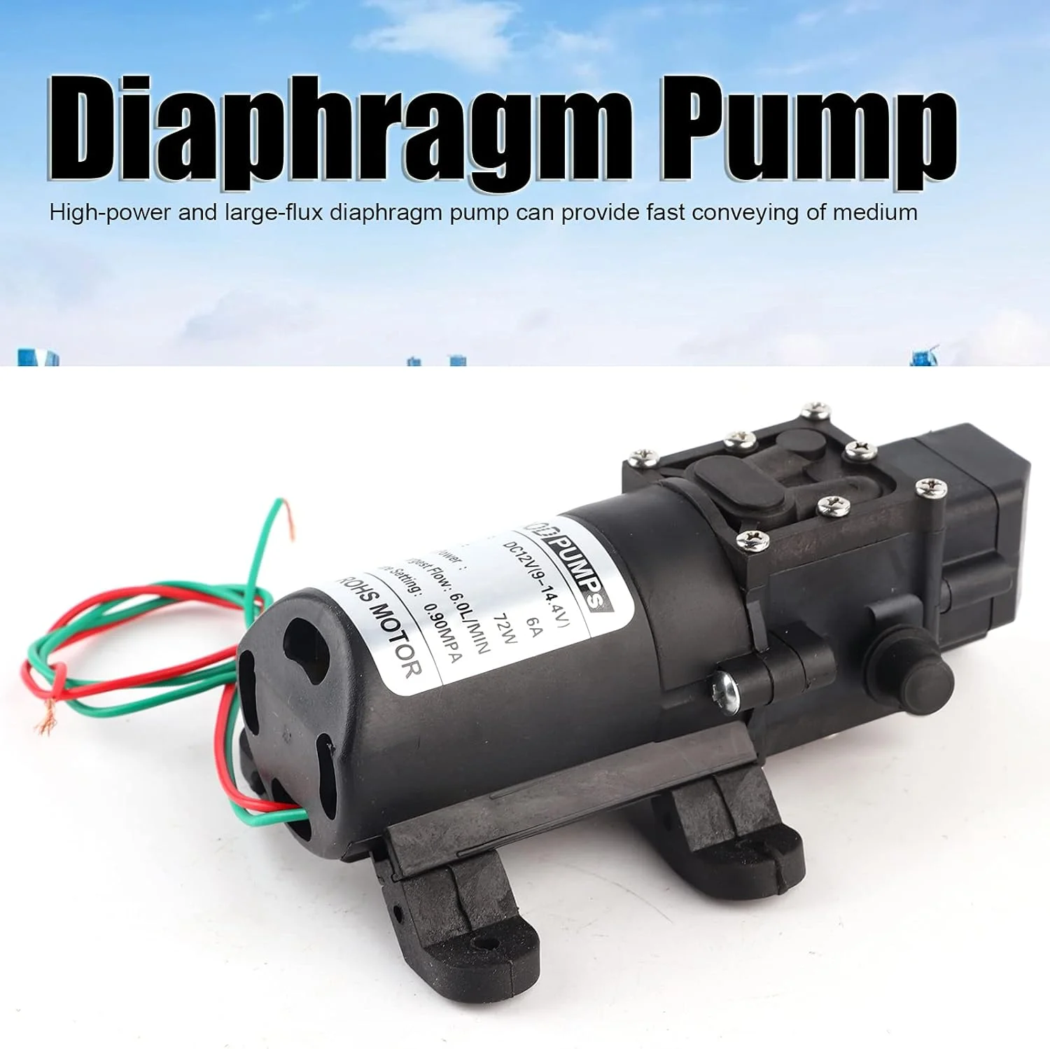 پمپ دیافراگمی 12 ولت 72 وات با جریان 4-6.0 لیتر در دقیقه، ساخته شده از مواد ABS برای پمپاژ مایعات غیر روغنی و غیر خورنده، مناسب برای آزمایش‌ها، آبیاری گل‌ها، سمپاشی باغ، و پمپاژ آکواریوم