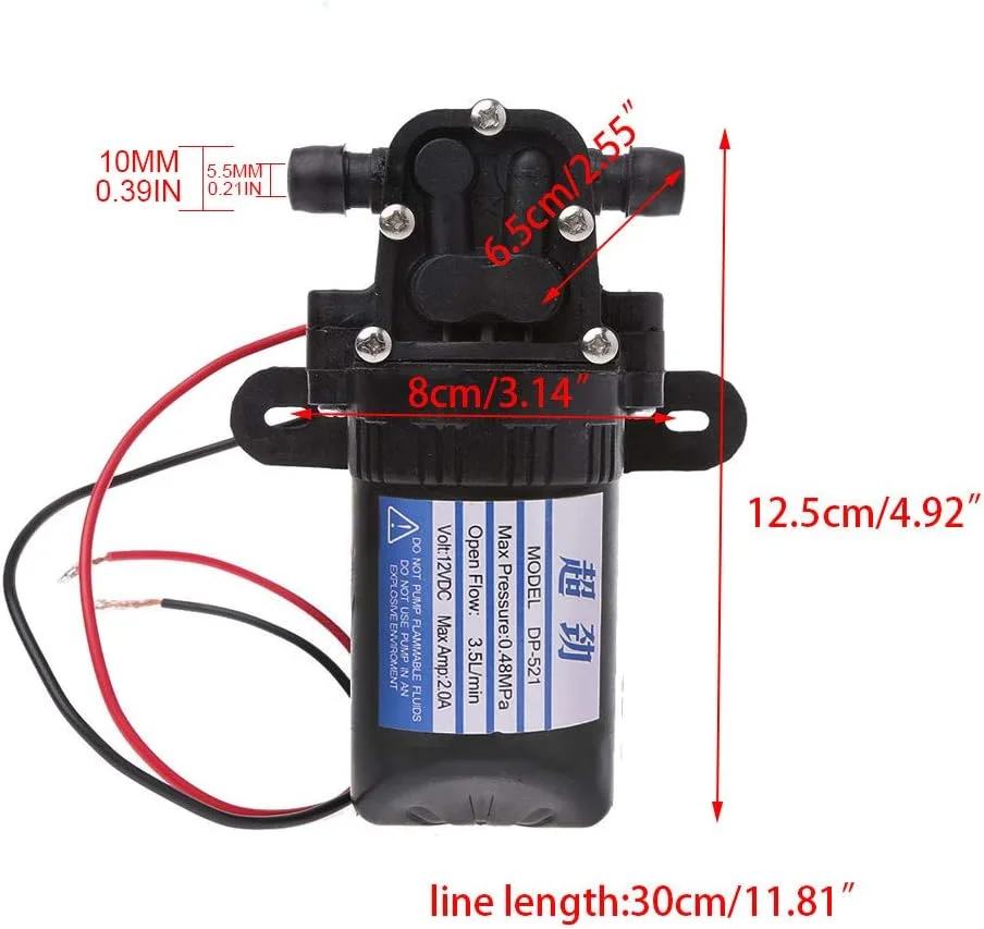پمپ آب دیافراگمی خود مکش فشار قوی DC 12V 3.5L/Min 0.48MPa 70 PSI