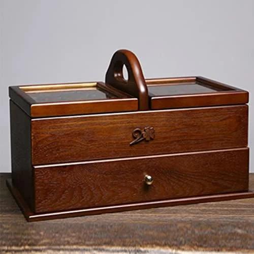 جعبه خیاطی، جعبه خیاطی چوبی، سبد جعبه خیاطی تاشو کلاسیک با دسته حمل آسان و محفظه (رنگ: قهوه ای، سایز: 35x20x22.5cm)