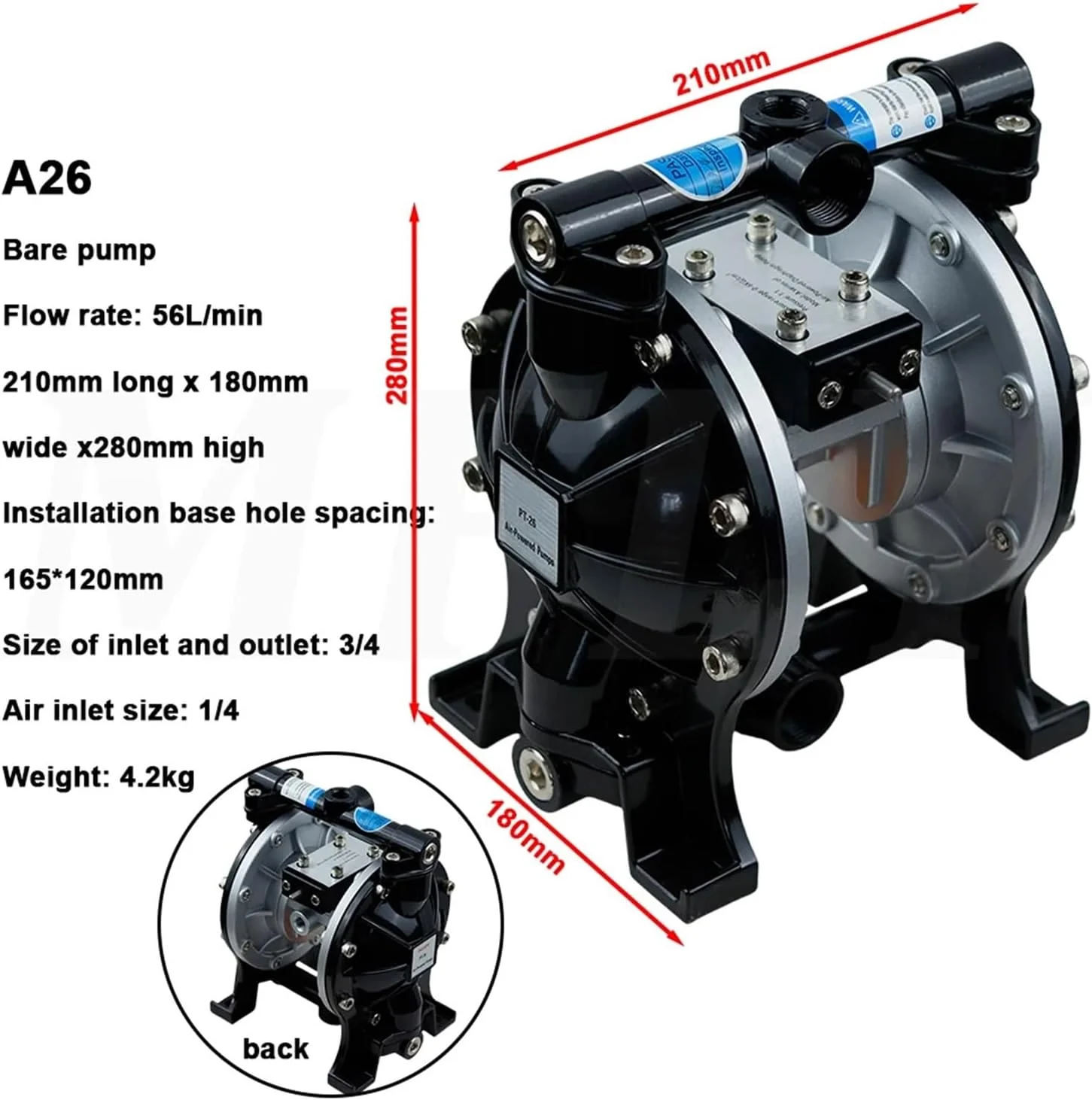 پمپ دیافراگمی، سازگار برای پمپ های رنگ دیافراگمی پنوماتیک مینی، پمپ آلیاژ آلومینیوم با عملکرد هوا مدل A-10/A-15/A-15B/A-20/A-26 (A-15B)