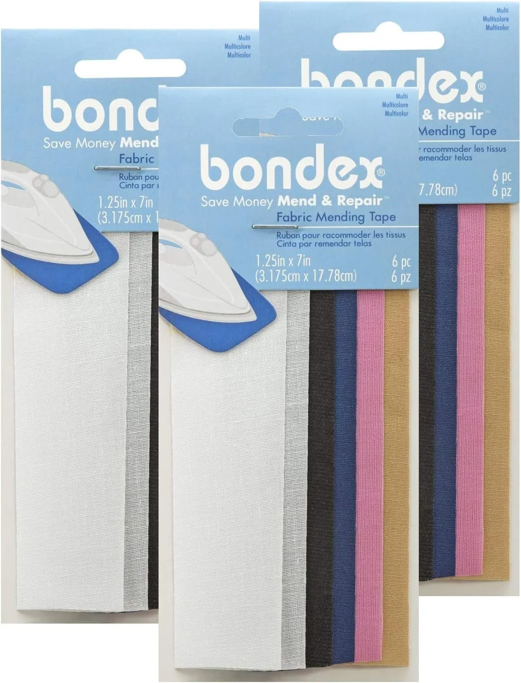 نوار تعمیر پارچه Bondex Mend and Repair بدون نیاز به دوخت و اتو، اندازه 3.175cm x 17.78cm، رنگ سفید، بژ، مشکی، سرمه ای، صورتی، قهوه ای (6 عدد)
