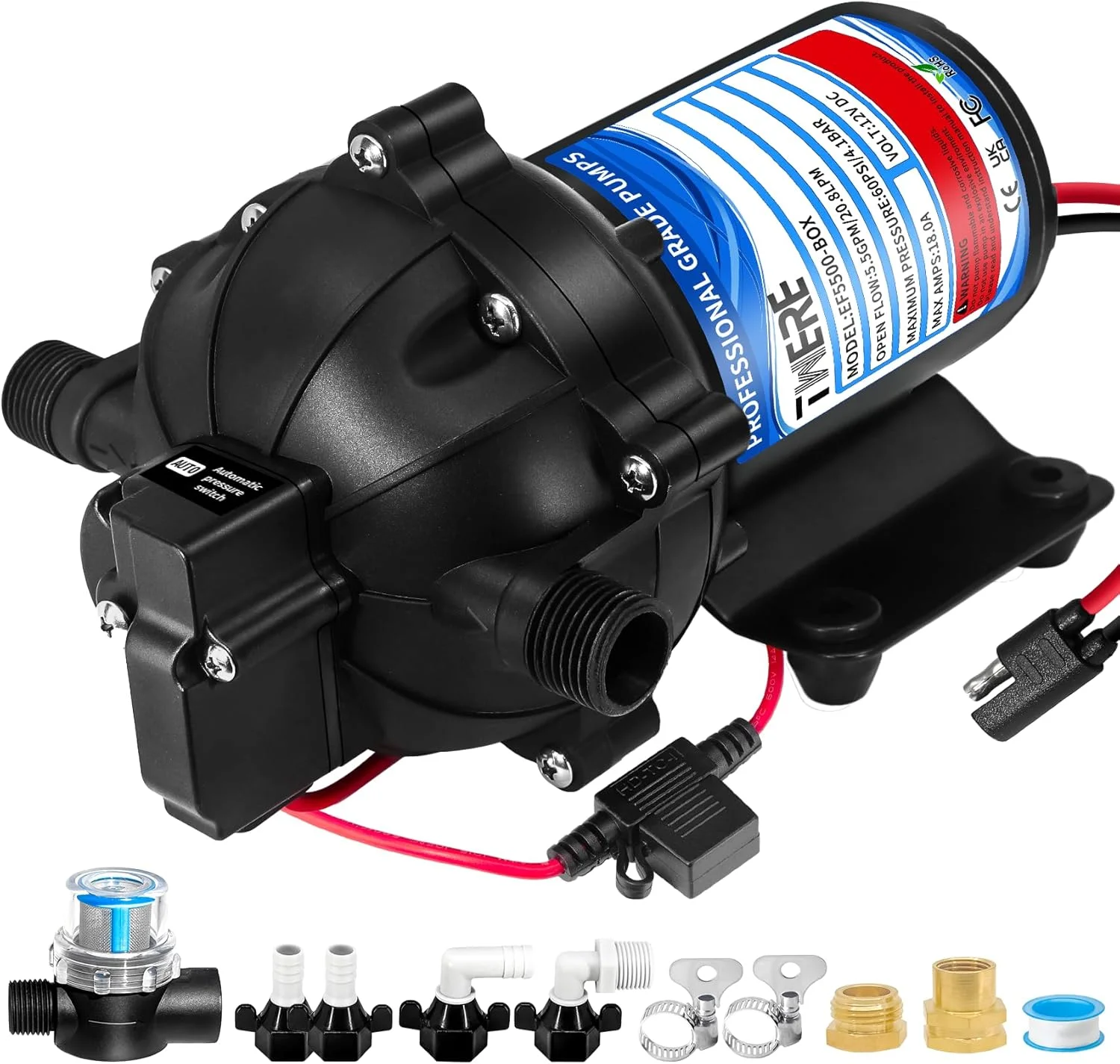 پمپ دیافراگمی سری 55، پمپ آب 5.5GPM 60PSI، پمپ دیافراگمی خود مکش 12 ولت EF5500-BOX برای RV، دریایی، قایق تفریحی و سیستم آب خارج از شبکه - اتصال 1/2 MNPT (مشکی)