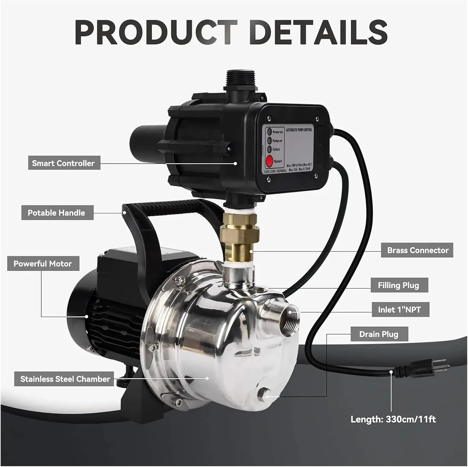 پمپ دیافراگمی، پمپ تقویت کننده فشار آب استیل ضد زنگ روشن/خاموش خودکار، با کنترلر هوشمند برای تحت فشار قرار دادن منبع آب بدون مخزن