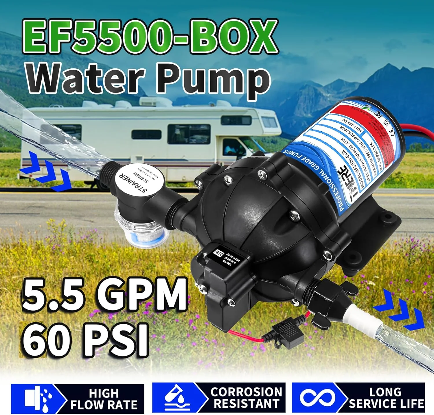 پمپ دیافراگمی سری 55، پمپ آب 5.5GPM 60PSI، پمپ دیافراگمی خود مکش 12 ولت EF5500-BOX برای RV، دریایی، قایق تفریحی و سیستم آب خارج از شبکه - اتصال 1/2 MNPT (مشکی) پمپ دیافراگمی سری 55، پمپ آب 5.5GPM 60PSI، پمپ دیافراگمی خود مکش 12 ولت EF5500-BOX برای RV، دریایی، قایق تفریحی و سیستم آب خارج از شبکه - اتصال 1/2 MNPT (مشکی)