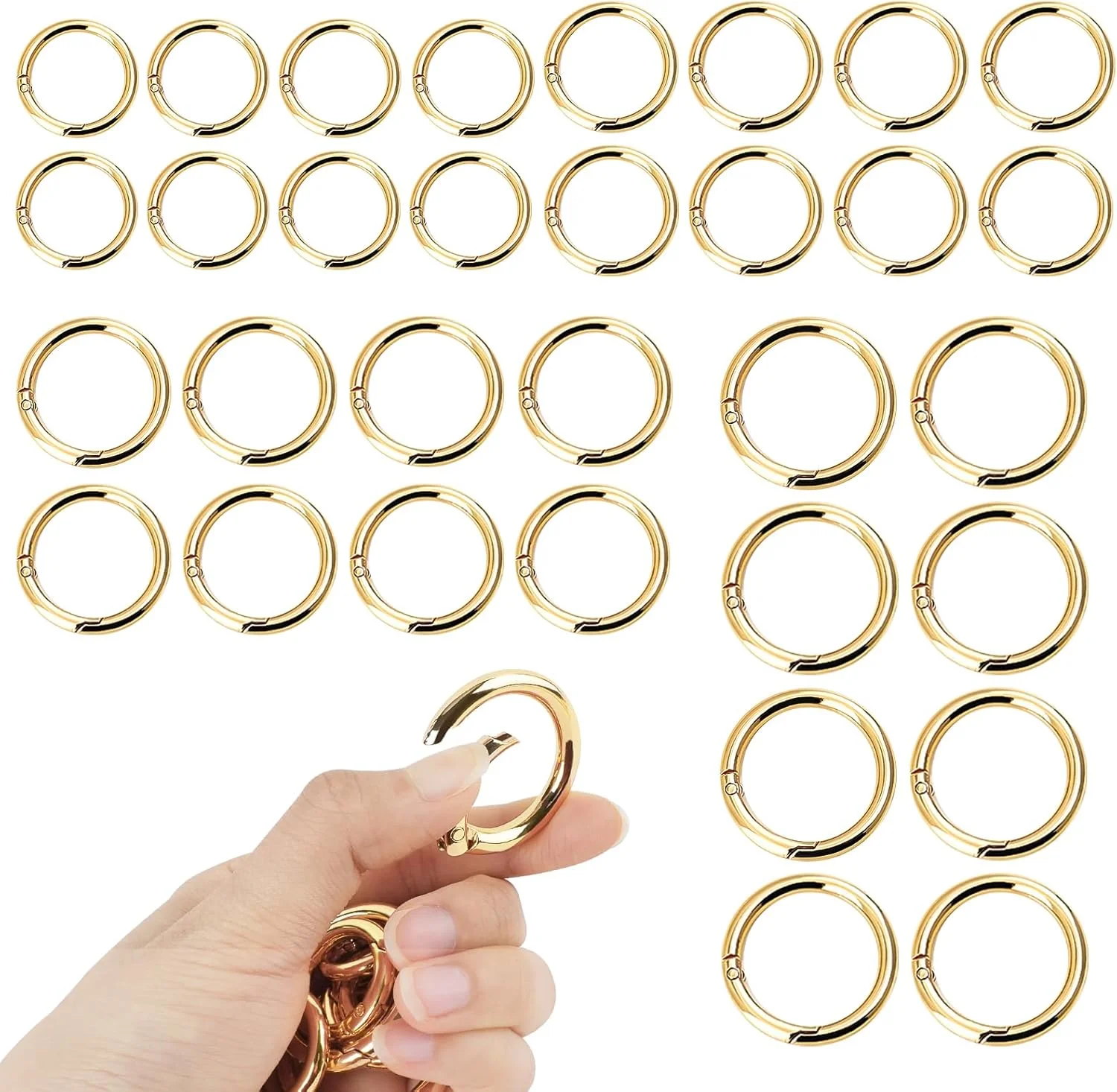 ست 32 عددی حلقه فنری CEYAZYE، گیره کارابین گرد آلیاژ روی، سگک جاکلیدی فلزی طلایی روشن DIY برای کیف کلاسور کیف دستی (0.79، 0.94، 1.1، 1.3 اینچ، طلایی روشن)
