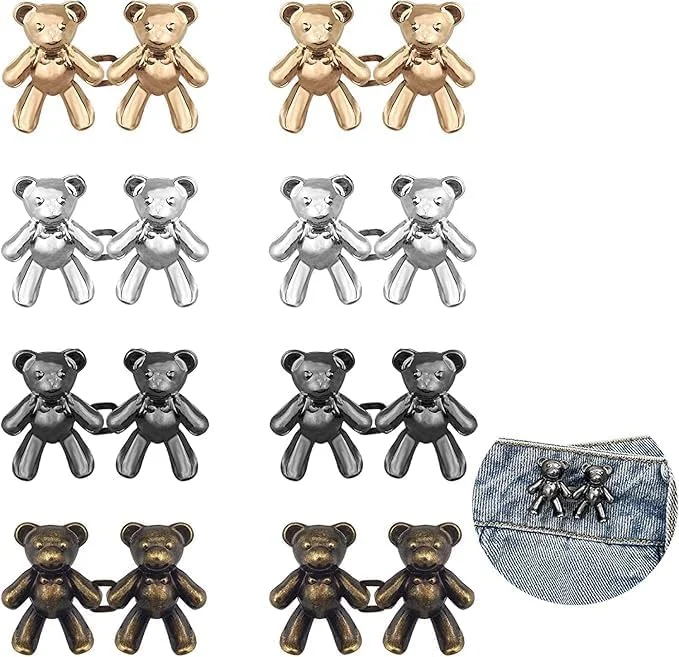 ChicAbode 8 Pairs Cute Bear Jeans Button Pins, No Sew Detachable Waist Body Fit Tighten Buckles, Bear Jeans Waist Buckle, Not Easy to Get Deformed, Girl's Gifts for Women Skirt Pant Jeans