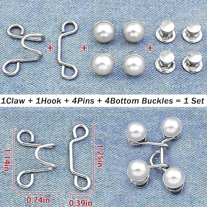 ChicAbode 48 Pcs Adjustable Waist Buckle Extender Set, 8 Set 4 Style Jean Button Pins, No Sewing Required Pants Clips for Waist, Pant Waist Tightener for Jeans, Easy to Install, for Men and Women