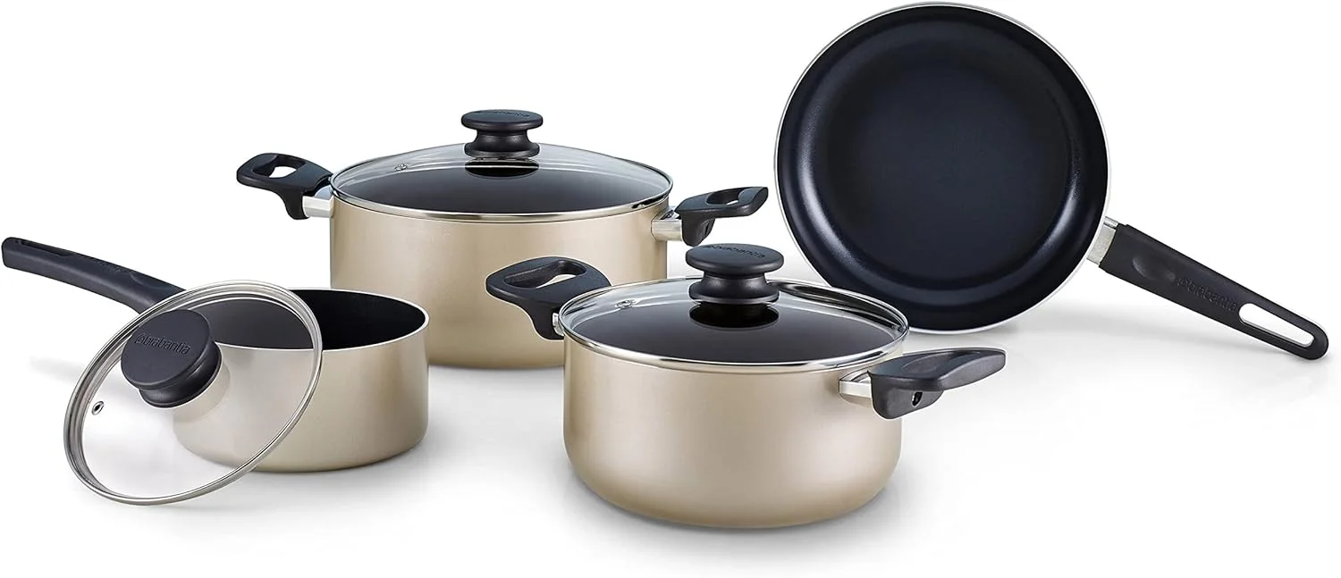 ست 7 پارچه ظروف پخت و پز Brabantia Start 2 Cook (تابه، قابلمه سس، قابلمه 28 سانتی متری، قابلمه 20 سانتی متری و 3 درب) با پوشش نچسب و دسته های باکلیت مقاوم در برابر حرارت، شامپاین ست 7 پارچه ظروف پخت و پز Brabantia Start 2 Cook (تابه، قابلمه سس، قابلمه 28 سانتی متری، قابلمه 20 سانتی متری و 3 درب) با پوشش نچسب و دسته های باکلیت مقاوم در برابر حرارت، شامپاین