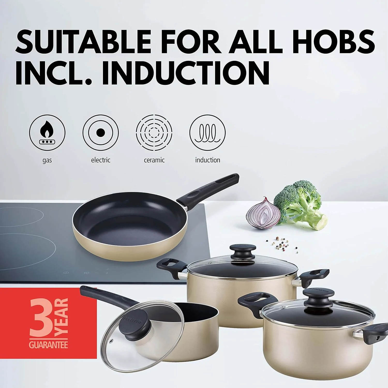 ست 7 پارچه ظروف پخت و پز Brabantia Start 2 Cook (تابه، قابلمه سس، قابلمه 28 سانتی متری، قابلمه 20 سانتی متری و 3 درب) با پوشش نچسب و دسته های باکلیت مقاوم در برابر حرارت، شامپاین ست 7 پارچه ظروف پخت و پز Brabantia Start 2 Cook (تابه، قابلمه سس، قابلمه 28 سانتی متری، قابلمه 20 سانتی متری و 3 درب) با پوشش نچسب و دسته های باکلیت مقاوم در برابر حرارت، شامپاین
