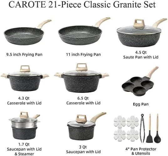 ست 21 پارچه ظروف پخت و پز CAROTE، ست قابلمه و تابه نچسب، ست آشپزی آشپزخانه با روکش گرانیتی مشکی مناسب برای اجاق های القایی به همراه تابه و قابلمه (بدون PFOS و PFOA) ست 21 پارچه ظروف پخت و پز CAROTE، ست قابلمه و تابه نچسب، ست آشپزی آشپزخانه با روکش گرانیتی مشکی مناسب برای اجاق های القایی به همراه تابه و قابلمه (بدون PFOS و PFOA)