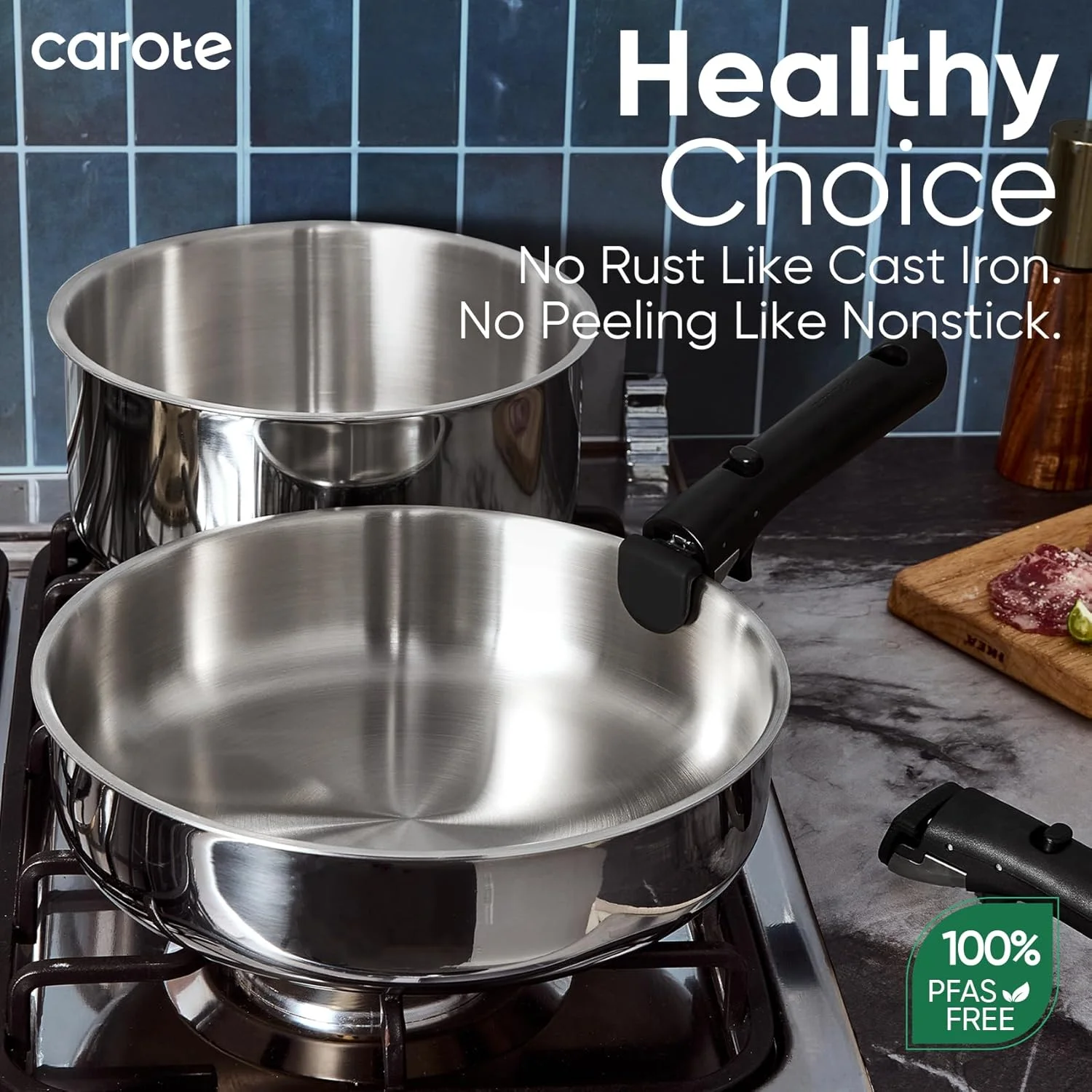 ست ۱۴ پارچه ظروف پخت و پز استیل کاروته با دسته جداشدنی، ست قابلمه و تابه نچسب، ست ظروف آشپزخانه القایی با دسته جداشدنی، ست ظروف پخت و پز RV، قابل استفاده در فر، ظروف پخت و پز کمپینگ، مشکی