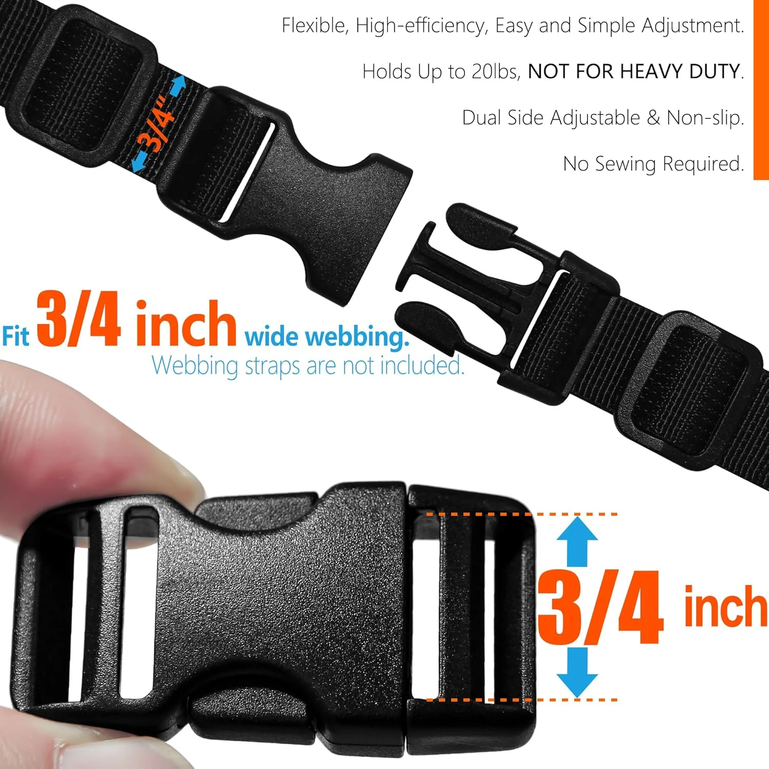 LASIGHT Set of Plastic Buckle Quick Side Release Dual Adjustable No Sewing & Tri-Glide Slide Clip fit Nylon Webbing Strap