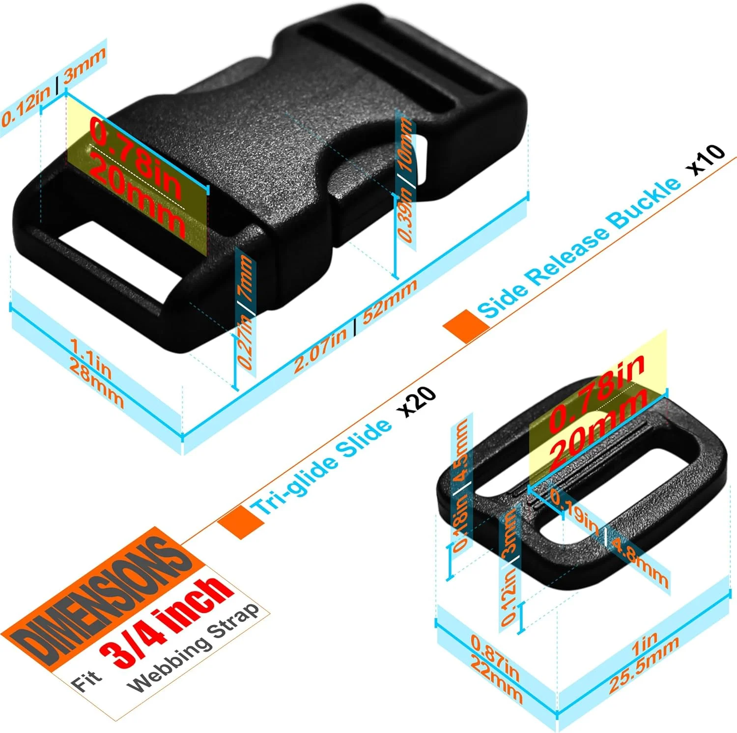 LASIGHT Set of Plastic Buckle Quick Side Release Dual Adjustable No Sewing & Tri-Glide Slide Clip fit Nylon Webbing Strap