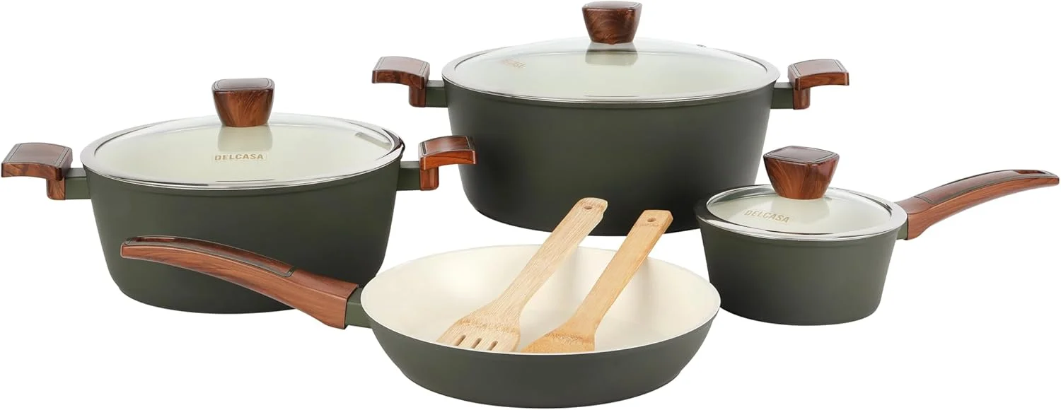 Delcasa 9 Piece Non-Stick Ceramic Coated Cookware Set DC3435 Diecast Aluminum Body with 5-Layer Coating, CD Bottom, Bakelite Handles and Glass Lid Delcasa 9 Piece Non-Stick Ceramic Coated Cookware Set DC3435 Diecast Aluminum Body with 5-Layer Coating, CD Bottom, Bakelite Handles and Glass Lid