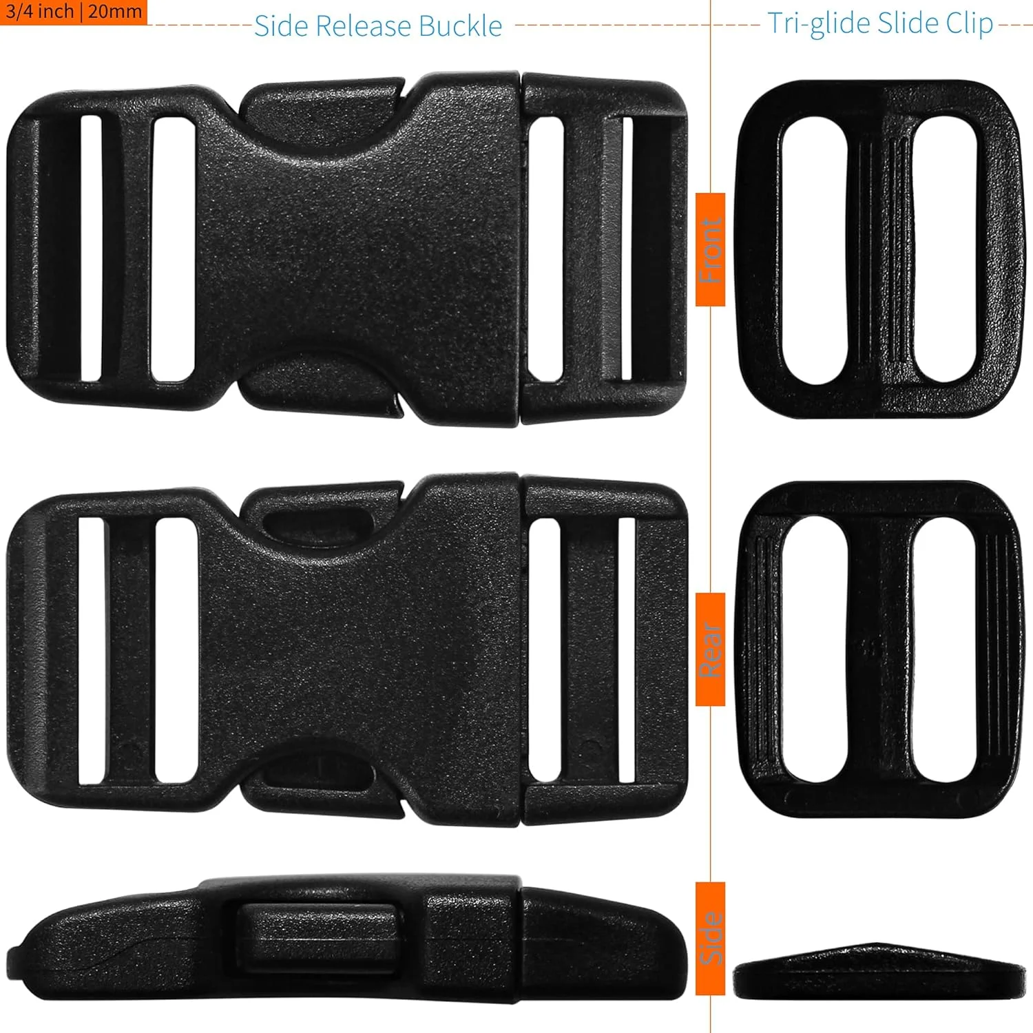 LASIGHT Set of Plastic Buckle Quick Side Release Dual Adjustable No Sewing & Tri-Glide Slide Clip fit Nylon Webbing Strap