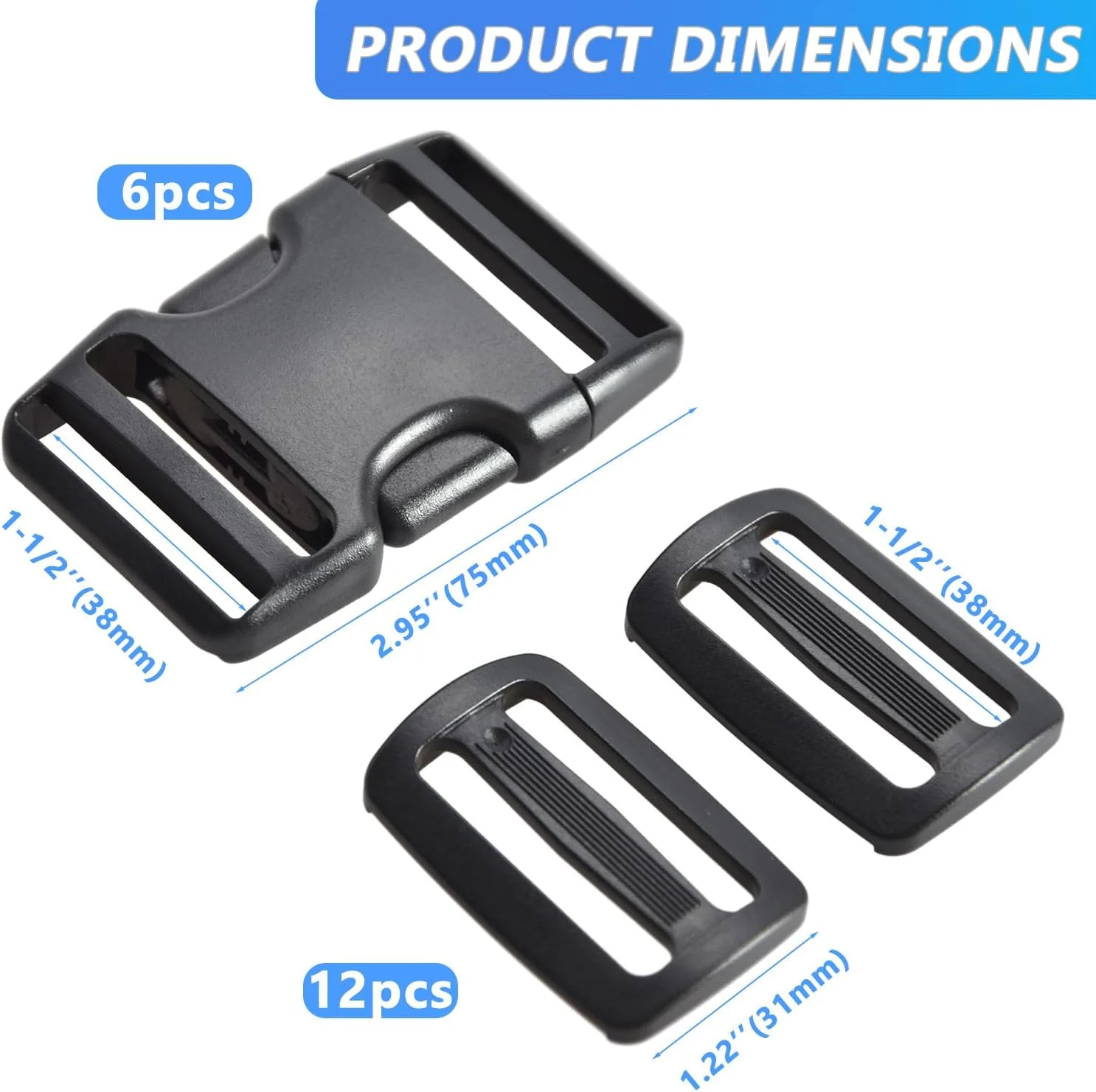 LEBATSION Buckles for Webbing Straps 1.5", 6 set Side Release Plastic Buckle + 12pcs Tri-glide Sliders LEBATSION Buckles for Webbing Straps 1.5", 6 set Side Release Plastic Buckle + 12pcs Tri-glide Sliders