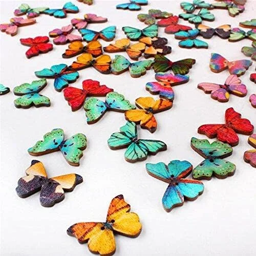 50 عدد دکمه چوبی 28 میلی متری 2 سوراخه دکمه های چوبی طرح پروانه ای برای صنایع دستی DIY بافتنی خیاطی لباس کودک رنگ های مخلوط راحت، کاربردی و شیک