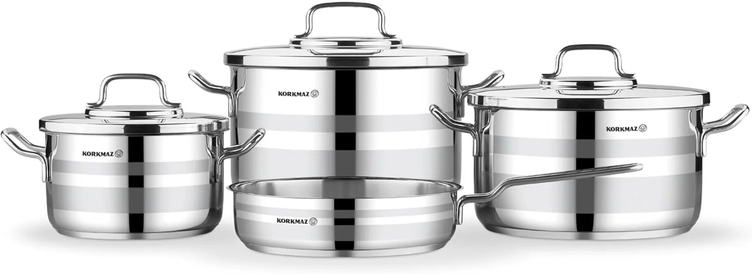 ست ظروف پخت و پز 7 پارچه کرکماز آسترون | ست قابلمه و تابه استیل ضد زنگ | ست پخت و پز سازگار با القایی | نقره ای - KA2054