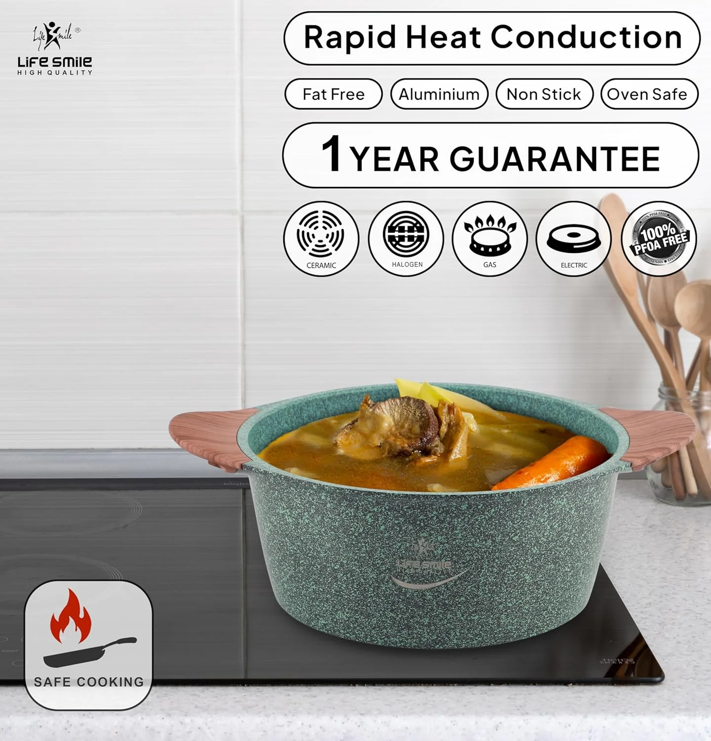 ست ظروف پخت و پز LIFE SMILE - قابلمه و تابه نچسب با پایه القایی، پوشش گرانیتی 100% بدون PFOA، بدنه آلومینیومی دایکاست، ست آشپزخانه (سبز، 8 تکه) ست ظروف پخت و پز LIFE SMILE - قابلمه و تابه نچسب با پایه القایی، پوشش گرانیتی 100% بدون PFOA، بدنه آلومینیومی دایکاست، ست آشپزخانه (سبز، 8 تکه)