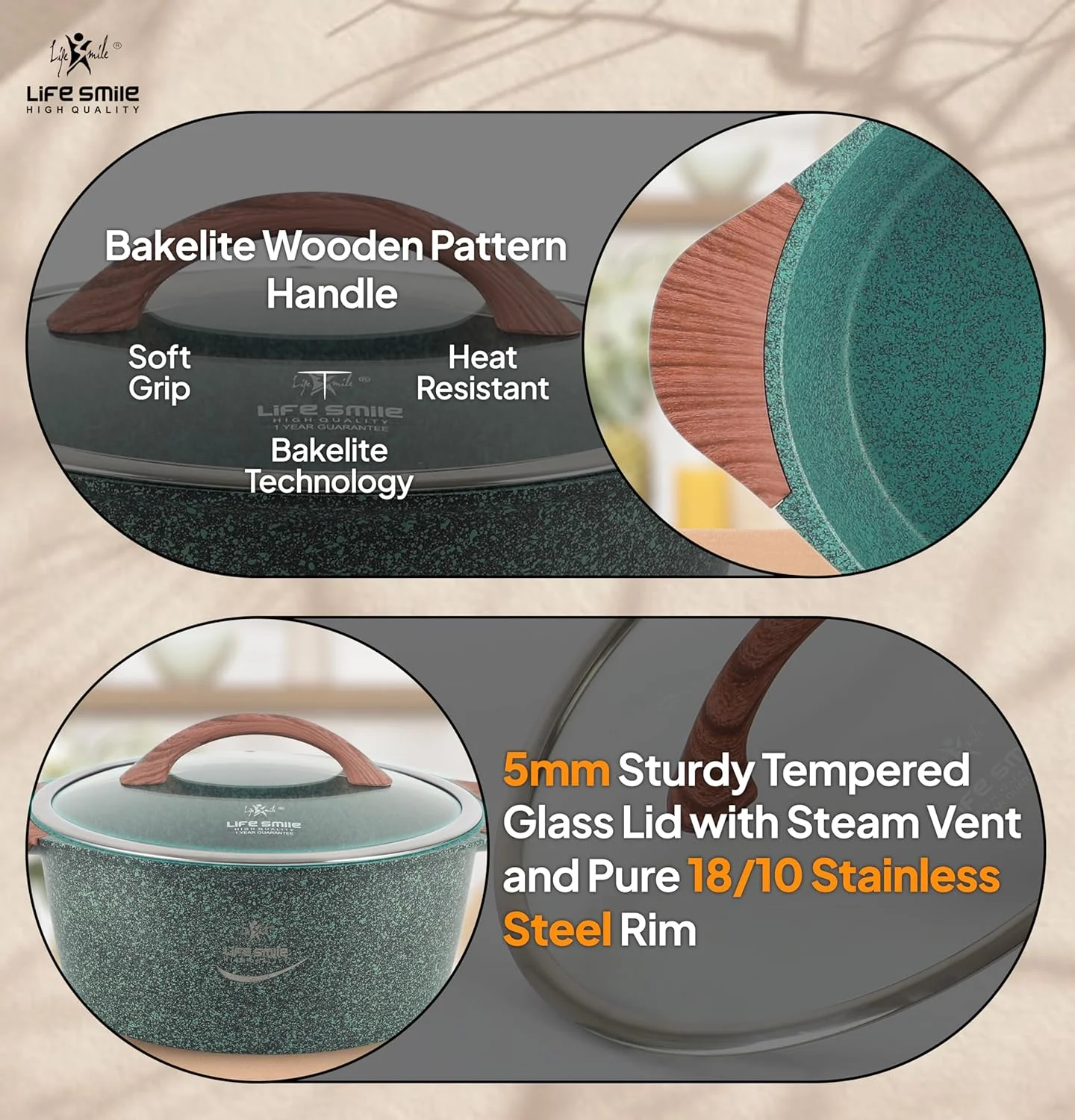 ست ظروف پخت و پز LIFE SMILE - قابلمه و تابه نچسب با پایه القایی، پوشش گرانیتی 100% بدون PFOA، بدنه آلومینیومی دایکاست، ست آشپزخانه (سبز، 8 تکه) ست ظروف پخت و پز LIFE SMILE - قابلمه و تابه نچسب با پایه القایی، پوشش گرانیتی 100% بدون PFOA، بدنه آلومینیومی دایکاست، ست آشپزخانه (سبز، 8 تکه)