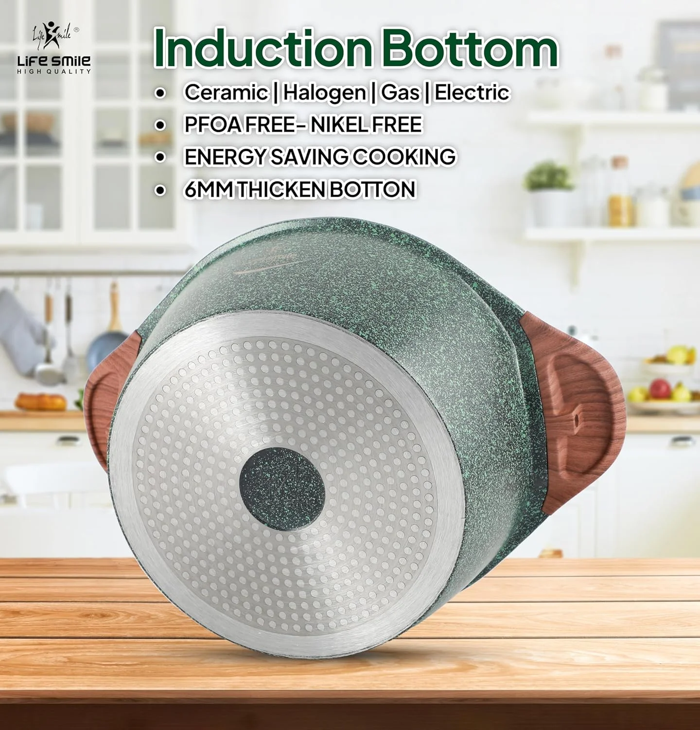 ست ظروف پخت و پز LIFE SMILE - قابلمه و تابه نچسب با پایه القایی، پوشش گرانیتی 100% بدون PFOA، بدنه آلومینیومی دایکاست، ست آشپزخانه (سبز، 8 تکه) ست ظروف پخت و پز LIFE SMILE - قابلمه و تابه نچسب با پایه القایی، پوشش گرانیتی 100% بدون PFOA، بدنه آلومینیومی دایکاست، ست آشپزخانه (سبز، 8 تکه)