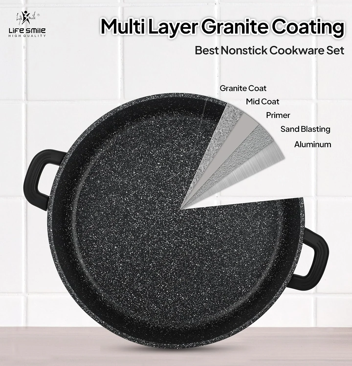 ست ظروف پخت و پز LIFE SMILE - ست قابلمه و تابه با روکش نچسب گرانیتی 100% فاقد PFOA، ست پخت و پز با پایه القایی و دسته های سیلیکونی جداشدنی - قابل استفاده در فر (مشکی، 29 تکه)