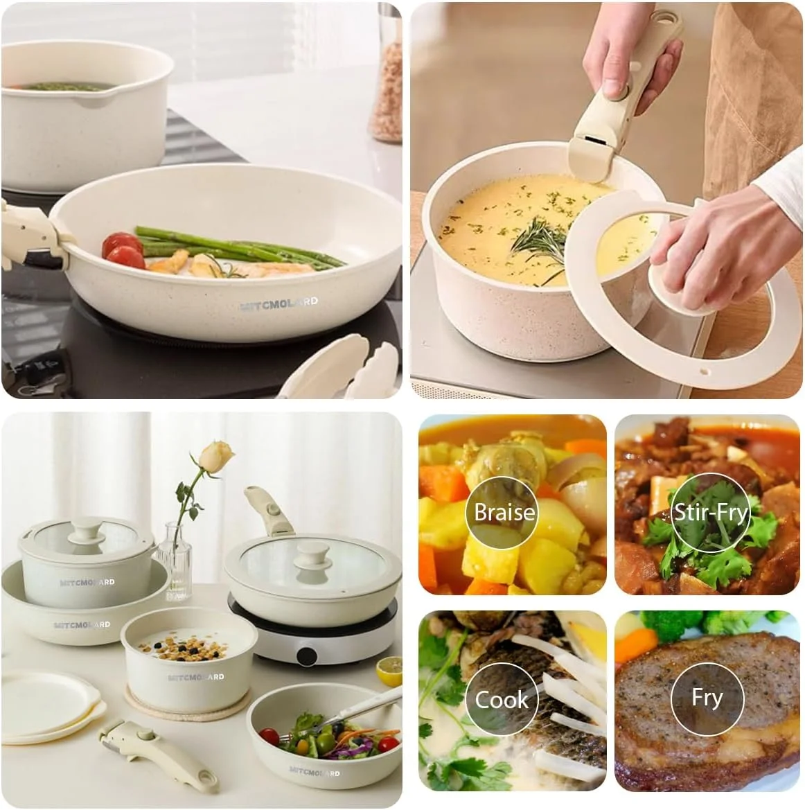 ست ظروف گرانیتی MITCMOLARD، ست پخت و پز، 14 تکه با دسته جداشدنی مناسب برای اجاق های القایی، ست ظروف آشپزی نچسب، طقم حلل جرانيت، فاقد PFOA، ارگانیک و غیر سمی