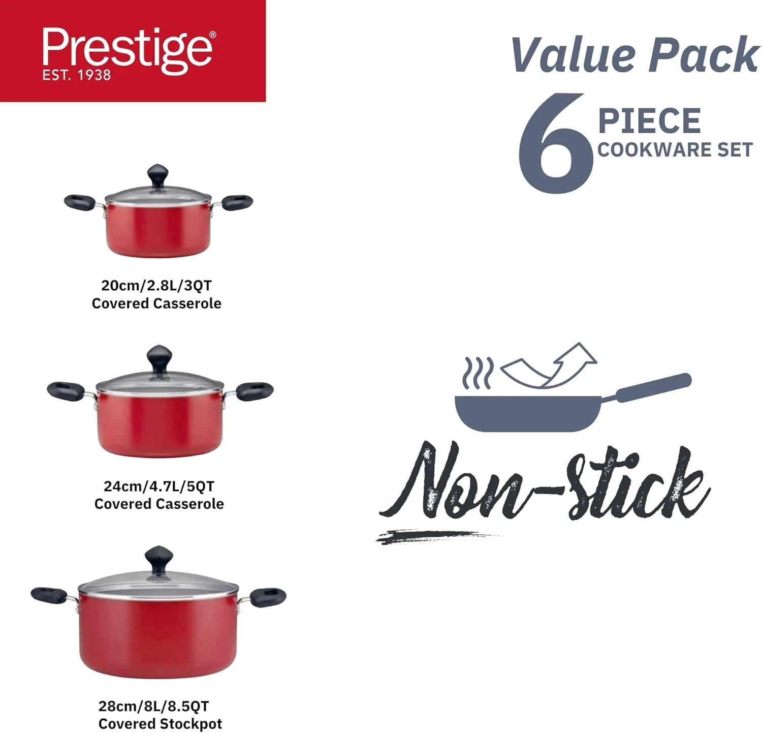 ست ظروف پخت و پز نچسب 6 پارچه پرستیژ مدل PR22453 - قرمز