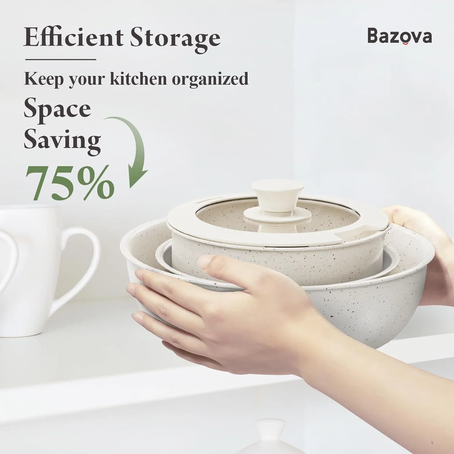 ست 11 پارچه قابلمه و تابه نچسب بازووا با دسته‌های جداشدنی، ست ظروف سرامیکی غیر سمی، ست پخت و پز آشپزخانه القایی، ظروف نچسب RV، قابل شستشو در ماشین ظرفشویی/قابل استفاده در فر، بدون PFAS/PTFE/PFOA، سفید کرمی