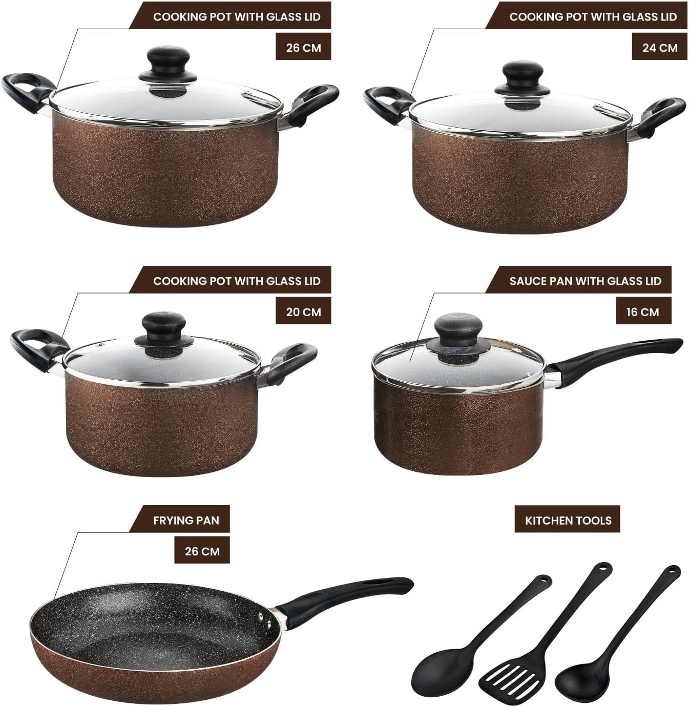 ست 12 پارچه ظروف پخت و پز نچسب راج: شامل قابلمه های 28، 24 و 20 سانتی متری با درب شیشه ای، تابه 26 سانتی متری و شیرجوش 16 سانتی متری با درب، RNC003