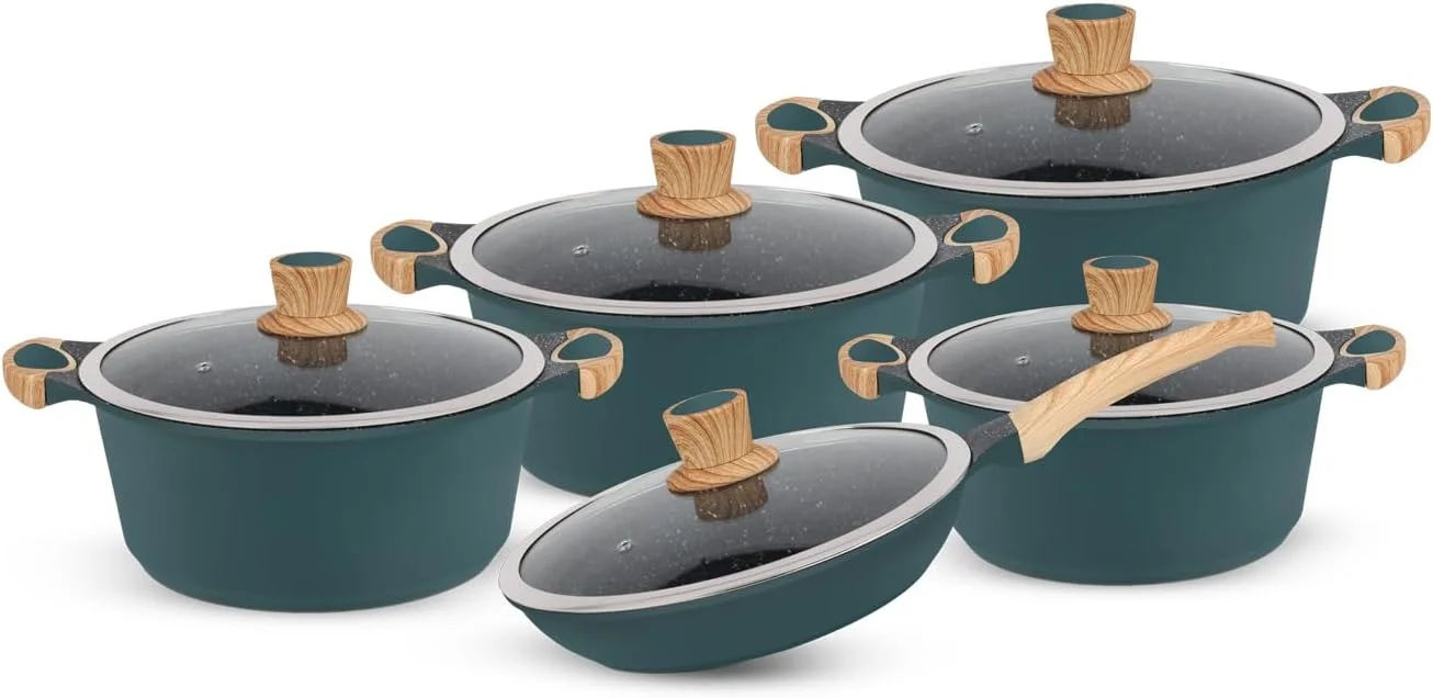 ست ظروف پخت و پز نچسب آلومینیومی Royalford مدل RF12508 با روکش گرانیتی، دسته و دستگیره چوبی، درب شیشه ای حرارت دیده با قاب فولادی، مناسب برای همه اجاق ها، 10 تکه