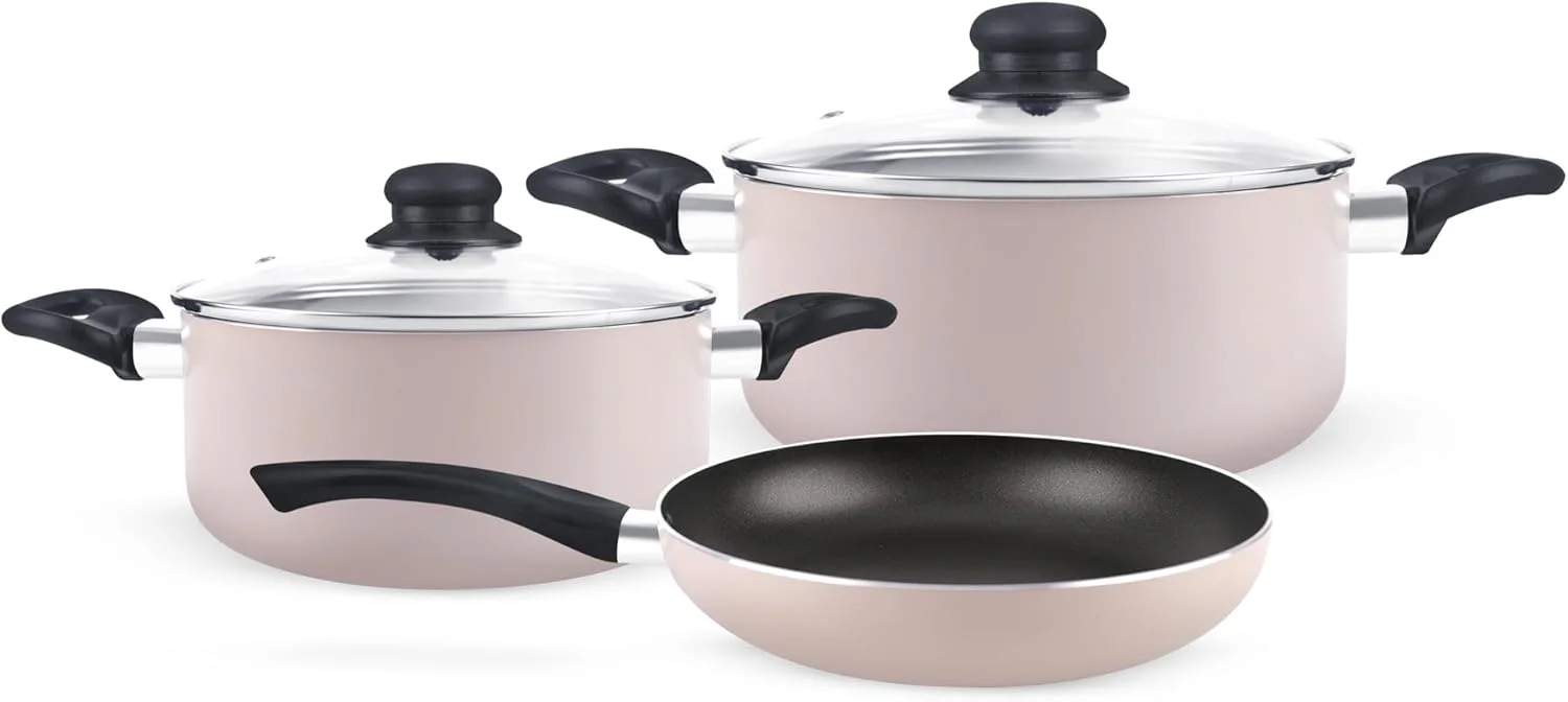 Royalford 5 Piece Non-Stick Cookware Set- RF11973 Aluminum Body with 3 Layer Coating CD Base, Bakelite Handles and Tempered Glass Lid