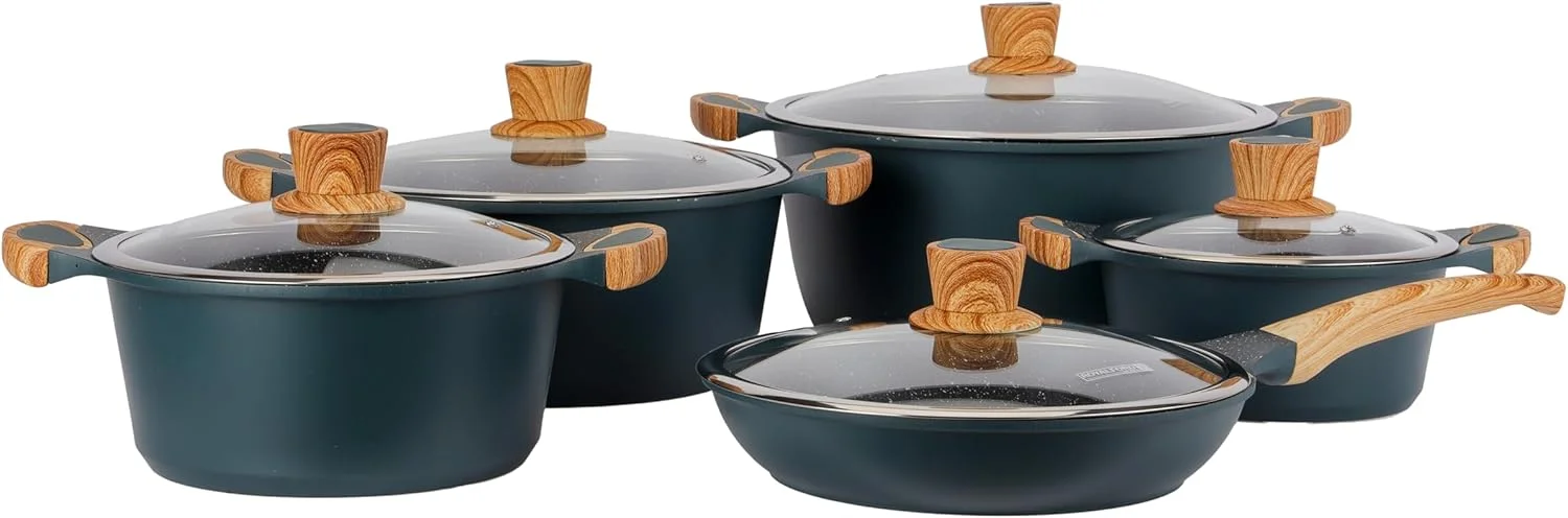 ست ظروف پخت و پز نچسب آلومینیومی Royalford مدل RF12508 با روکش گرانیتی، دسته و دستگیره چوبی، درب شیشه ای حرارت دیده با قاب فولادی، مناسب برای همه اجاق ها، 10 تکه ست ظروف پخت و پز نچسب آلومینیومی Royalford مدل RF12508 با روکش گرانیتی، دسته و دستگیره چوبی، درب شیشه ای حرارت دیده با قاب فولادی، مناسب برای همه اجاق ها، 10 تکه