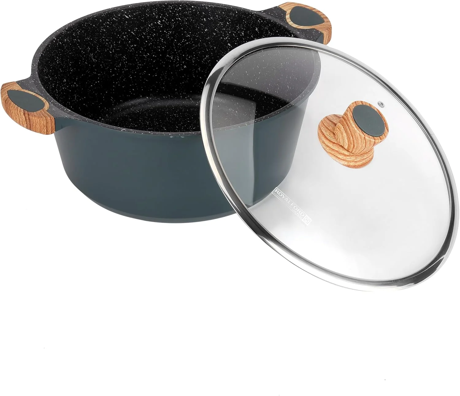 ست ظروف پخت و پز نچسب آلومینیومی Royalford مدل RF12508 با روکش گرانیتی، دسته و دستگیره چوبی، درب شیشه ای حرارت دیده با قاب فولادی، مناسب برای همه اجاق ها، 10 تکه ست ظروف پخت و پز نچسب آلومینیومی Royalford مدل RF12508 با روکش گرانیتی، دسته و دستگیره چوبی، درب شیشه ای حرارت دیده با قاب فولادی، مناسب برای همه اجاق ها، 10 تکه