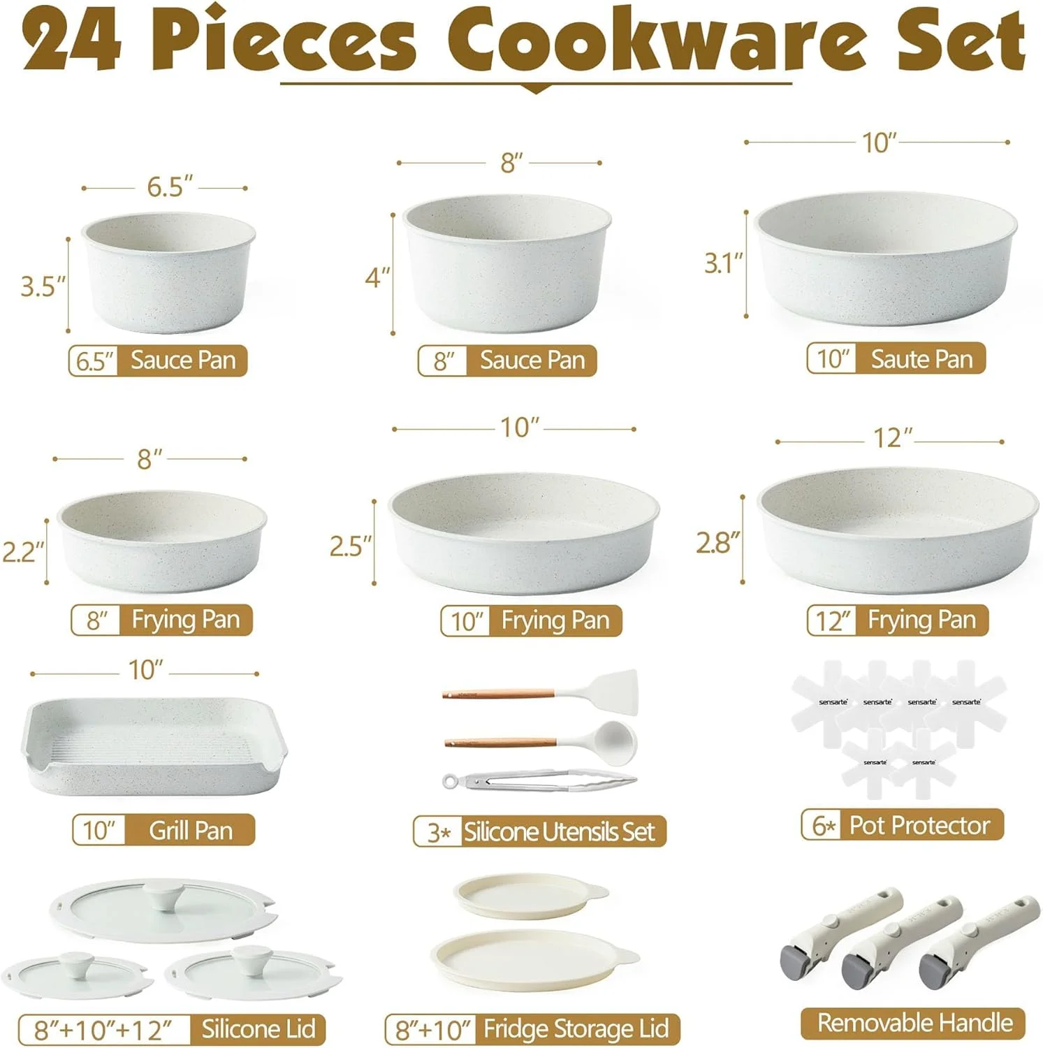 SENSARTE 24 Piece Pots and Pans Set, Nonstick Detachable Handle Cookware, Induction Kitchen Cookware Set with Removable Handle, Healthy Non Stick for RV, Dishwasher & Oven Safe (White) SENSARTE 24 Piece Pots and Pans Set, Nonstick Detachable Handle Cookware, Induction Kitchen Cookware Set with Removable Handle, Healthy Non Stick for RV, Dishwasher & Oven Safe (White)