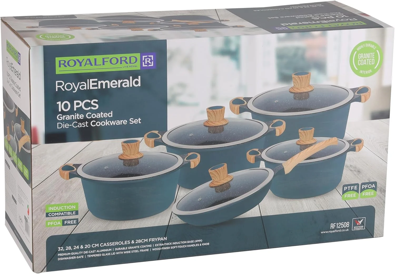 ست ظروف پخت و پز نچسب آلومینیومی Royalford مدل RF12508 با روکش گرانیتی، دسته و دستگیره چوبی، درب شیشه ای حرارت دیده با قاب فولادی، مناسب برای همه اجاق ها، 10 تکه ست ظروف پخت و پز نچسب آلومینیومی Royalford مدل RF12508 با روکش گرانیتی، دسته و دستگیره چوبی، درب شیشه ای حرارت دیده با قاب فولادی، مناسب برای همه اجاق ها، 10 تکه