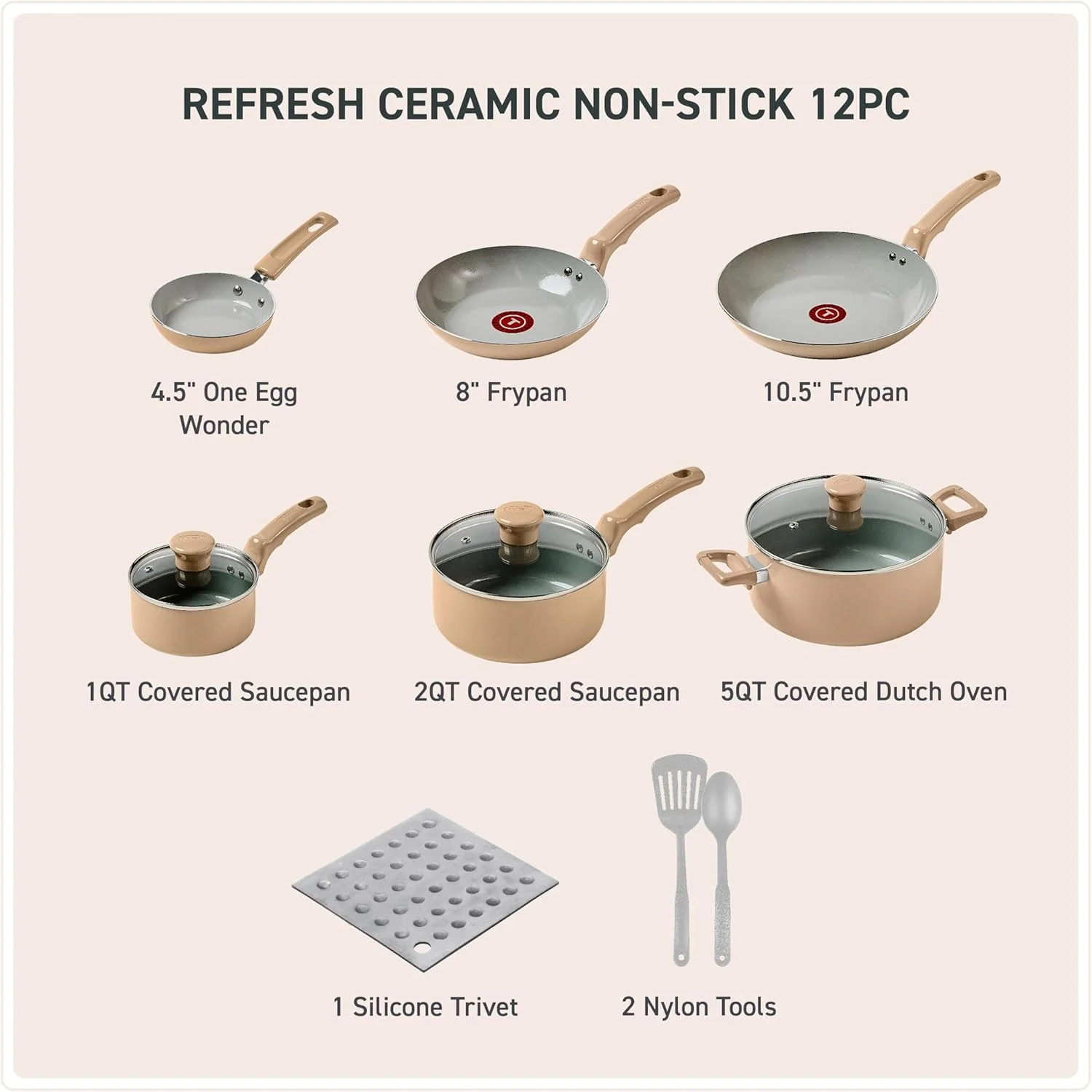ست ظروف آشپزی 12 پارچه سرامیکی نچسب تفال مدل Ceramic Refresh، قابل استفاده در فر تا دمای 175 درجه سانتیگراد، شامل تابه تخم مرغ، تابه سرخ کن، قابلمه، دیگ و ابزار آشپزی، ظروف آشپزی، قابلمه و تابه، رنگ ماسه ای ست ظروف آشپزی 12 پارچه سرامیکی نچسب تفال مدل Ceramic Refresh، قابل استفاده در فر تا دمای 175 درجه سانتیگراد، شامل تابه تخم مرغ، تابه سرخ کن، قابلمه، دیگ و ابزار آشپزی، ظروف آشپزی، قابلمه و تابه، رنگ ماسه ای