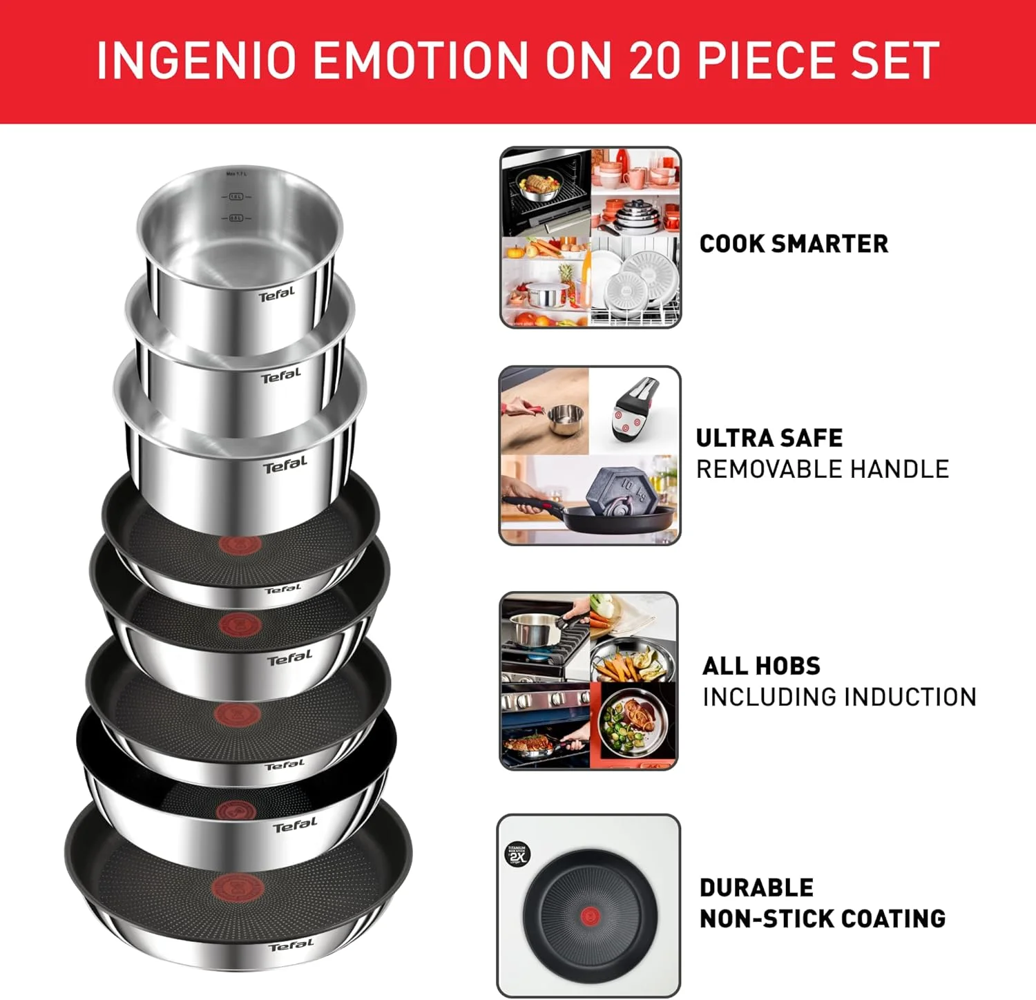 ست 20 پارچه ظروف آشپزی تفال Ingenio Emotion L897SK04 با 2 دسته جداشدنی، مناسب برای اجاق گازهای القایی، پوشش نچسب، قابلیت چیدن روی هم، قابل شستشو در ماشین ظرفشویی ست 20 پارچه ظروف آشپزی تفال Ingenio Emotion L897SK04 با 2 دسته جداشدنی، مناسب برای اجاق گازهای القایی، پوشش نچسب، قابلیت چیدن روی هم، قابل شستشو در ماشین ظرفشویی