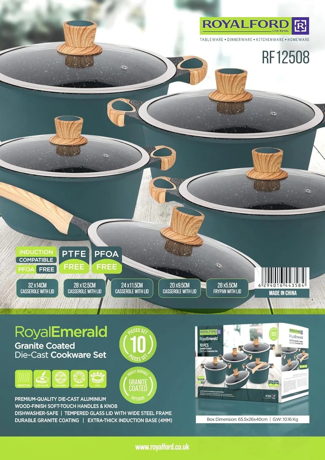 ست ظروف پخت و پز نچسب آلومینیومی Royalford مدل RF12508 با روکش گرانیتی، دسته و دستگیره چوبی، درب شیشه ای حرارت دیده با قاب فولادی، مناسب برای همه اجاق ها، 10 تکه ست ظروف پخت و پز نچسب آلومینیومی Royalford مدل RF12508 با روکش گرانیتی، دسته و دستگیره چوبی، درب شیشه ای حرارت دیده با قاب فولادی، مناسب برای همه اجاق ها، 10 تکه