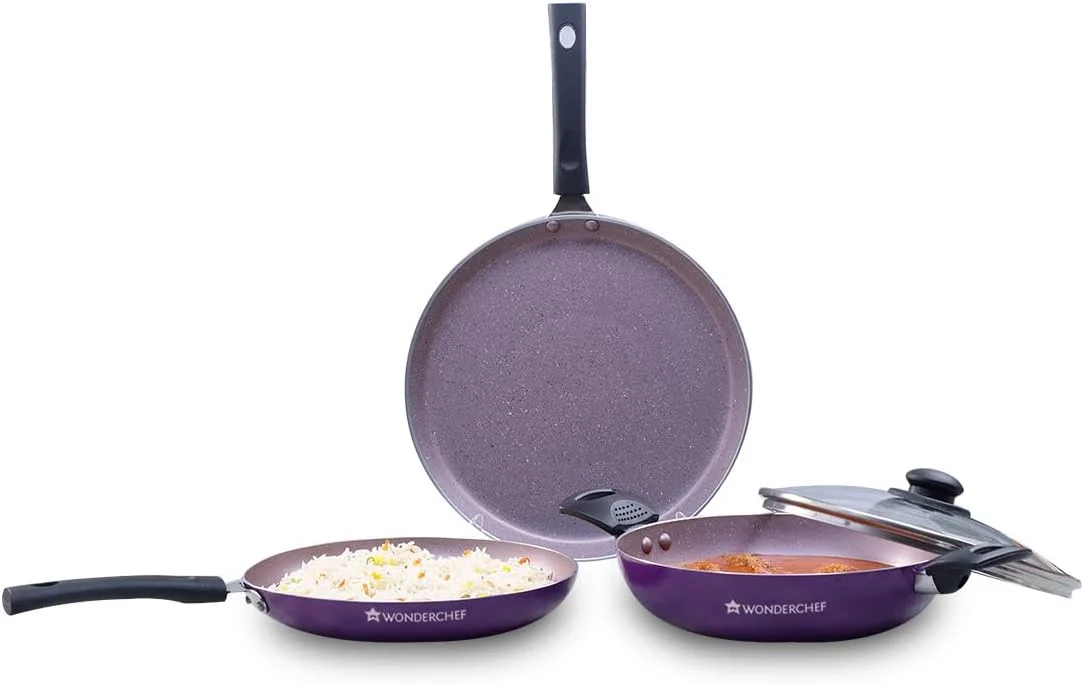 Wonderchef Valencia Non-Stick Cookware 4 Piece Set, Kadhai with Lid, Fry Pan, Dosa Tawa, Cool Touch Bakelite Handles, Pure Grade Aluminium, PFOA Free-2 Yrs Warranty, Purple Wonderchef Valencia Non-Stick Cookware 4 Piece Set, Kadhai with Lid, Fry Pan, Dosa Tawa, Cool Touch Bakelite Handles, Pure Grade Aluminium, PFOA Free-2 Yrs Warranty, Purple