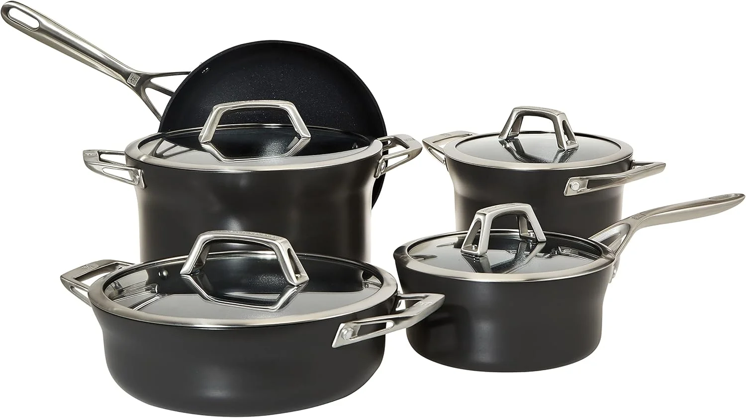 Zwilling Motion 5pc Cookware set Anodized Aluminium PFOA-free nonstick coating Stay cool handles Oven safe. 2 pots, sauce & Frying Pan, braiser + 4 lids Zwilling Motion 5pc Cookware set Anodized Aluminium PFOA-free nonstick coating Stay cool handles Oven safe. 2 pots, sauce & Frying Pan, braiser + 4 lids