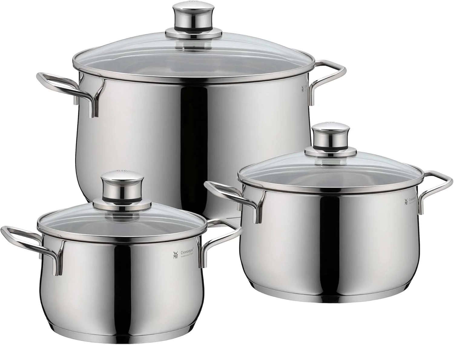 ست قابلمه 3 تکه WMF مدل Diadem Plus لبه دار، درب شیشه ای، استیل ضد زنگ Cromargan، پرداخت شده، مناسب برای اجاق گازهای القایی، قابل شستشو در ماشین ظرفشویی، نقره ای