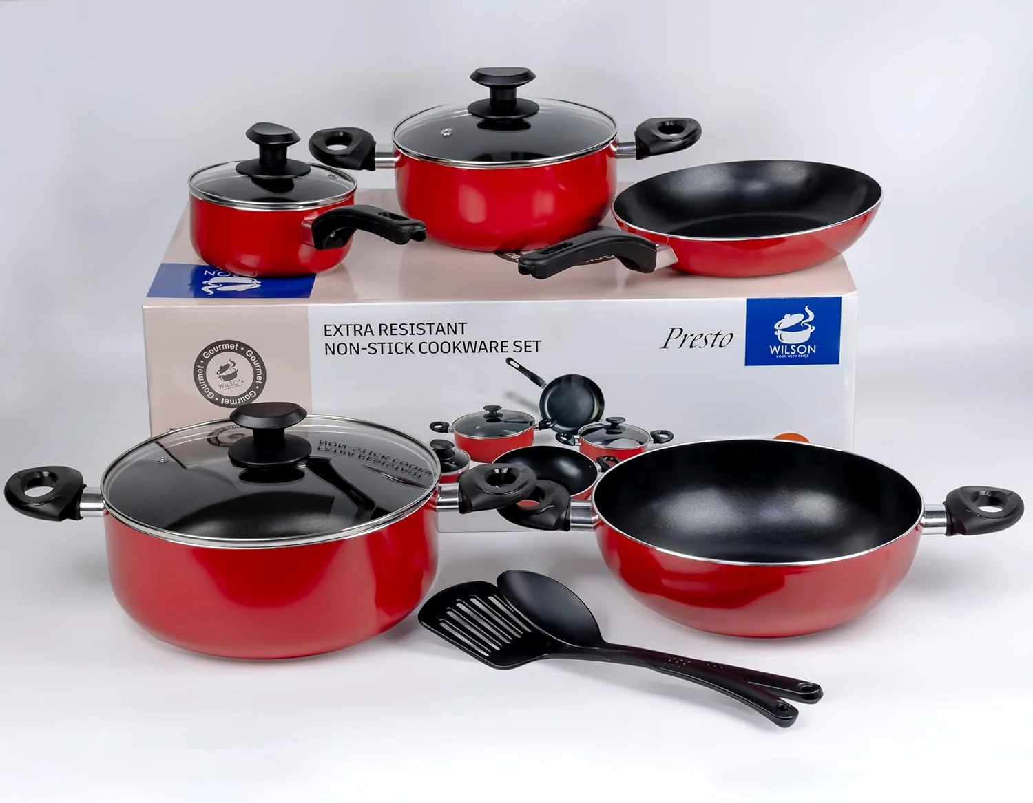 ست ظروف پخت و پز 10 پارچه نچسب ویلسون پرِستو | آلومینیوم نچسب | قابلمه | شیرجوش | تابه | قاشق جامد | کفگیر | - قرمز