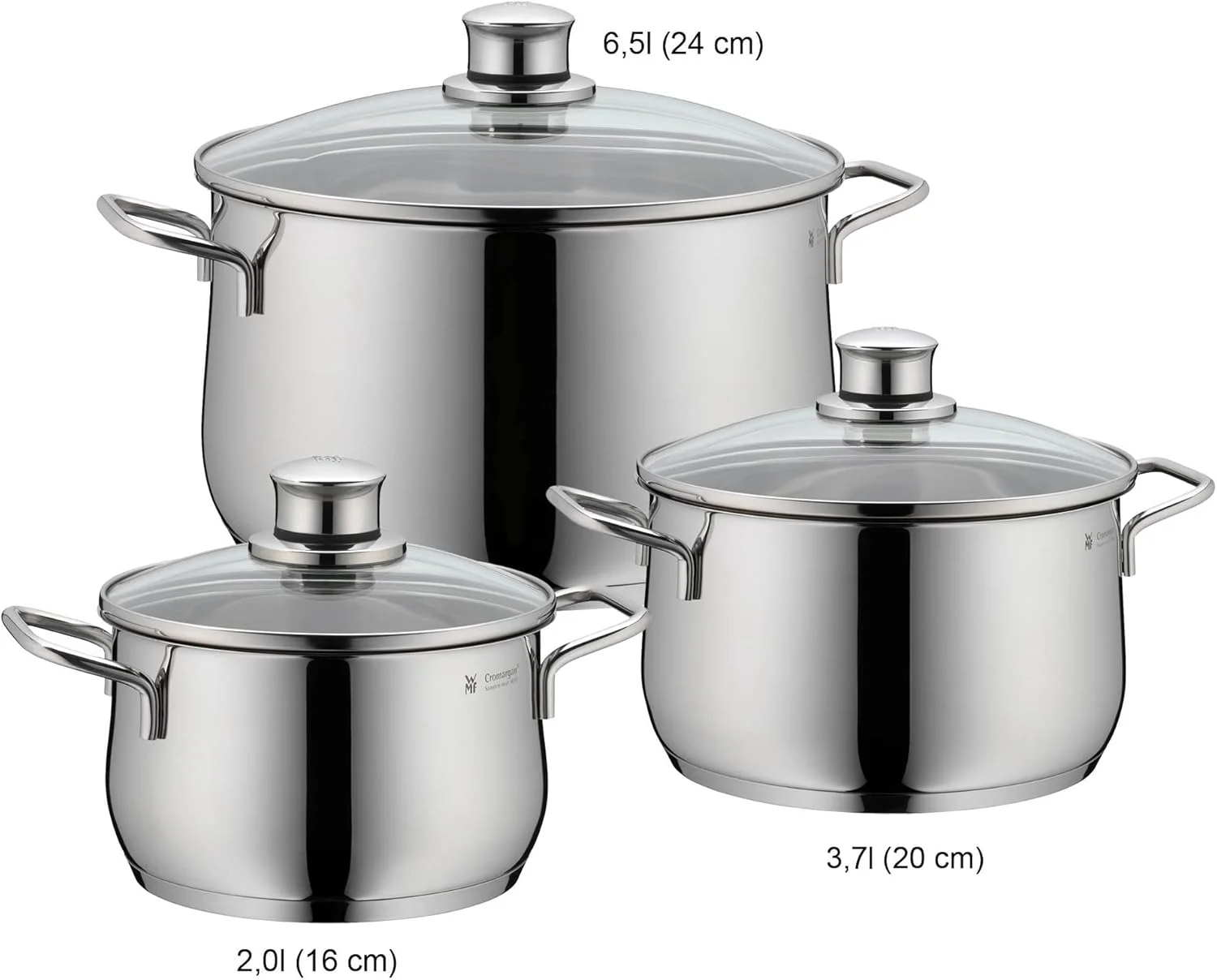 ست قابلمه 3 تکه WMF مدل Diadem Plus لبه دار، درب شیشه ای، استیل ضد زنگ Cromargan، پرداخت شده، مناسب برای اجاق گازهای القایی، قابل شستشو در ماشین ظرفشویی، نقره ای