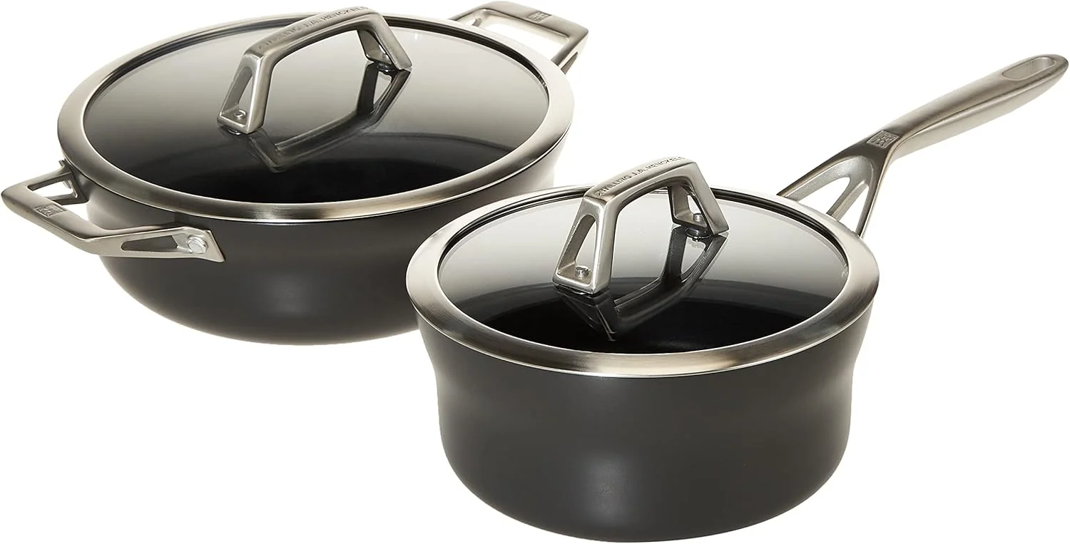 Zwilling Motion 5pc Cookware set Anodized Aluminium PFOA-free nonstick coating Stay cool handles Oven safe. 2 pots, sauce & Frying Pan, braiser + 4 lids Zwilling Motion 5pc Cookware set Anodized Aluminium PFOA-free nonstick coating Stay cool handles Oven safe. 2 pots, sauce & Frying Pan, braiser + 4 lids