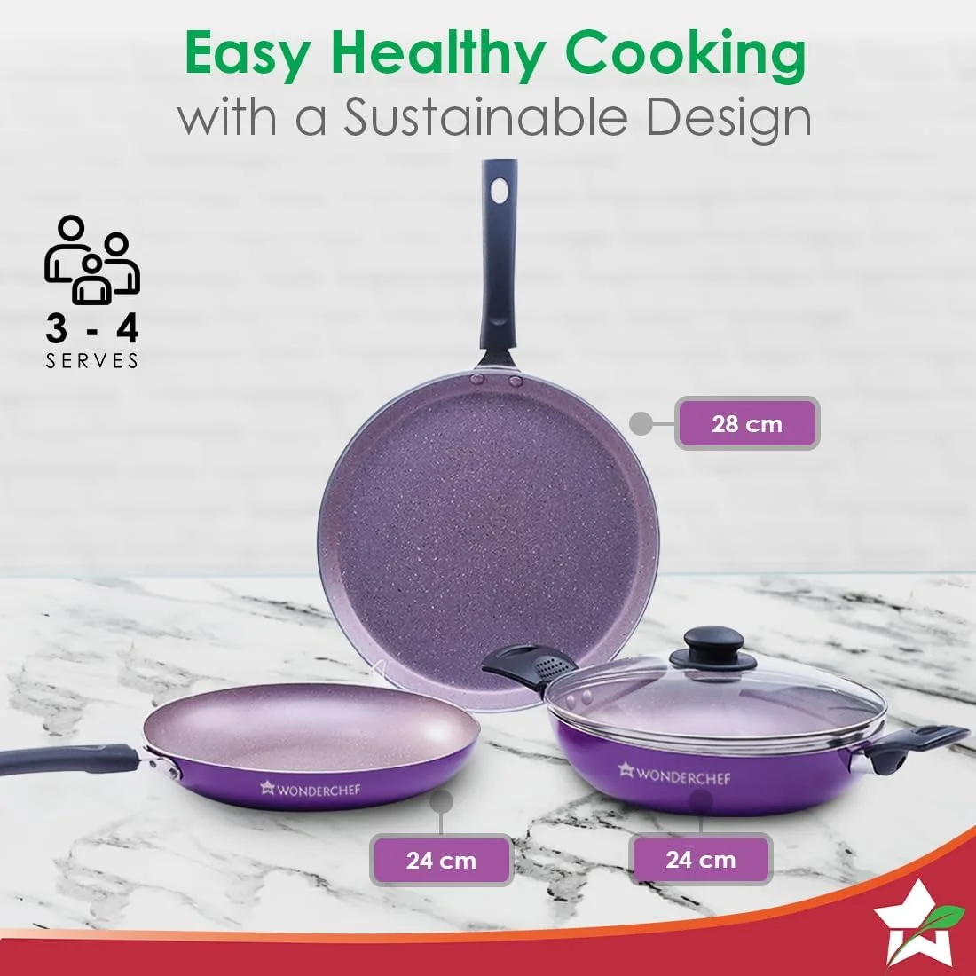 Wonderchef Valencia Non-Stick Cookware 4 Piece Set, Kadhai with Lid, Fry Pan, Dosa Tawa, Cool Touch Bakelite Handles, Pure Grade Aluminium, PFOA Free-2 Yrs Warranty, Purple Wonderchef Valencia Non-Stick Cookware 4 Piece Set, Kadhai with Lid, Fry Pan, Dosa Tawa, Cool Touch Bakelite Handles, Pure Grade Aluminium, PFOA Free-2 Yrs Warranty, Purple