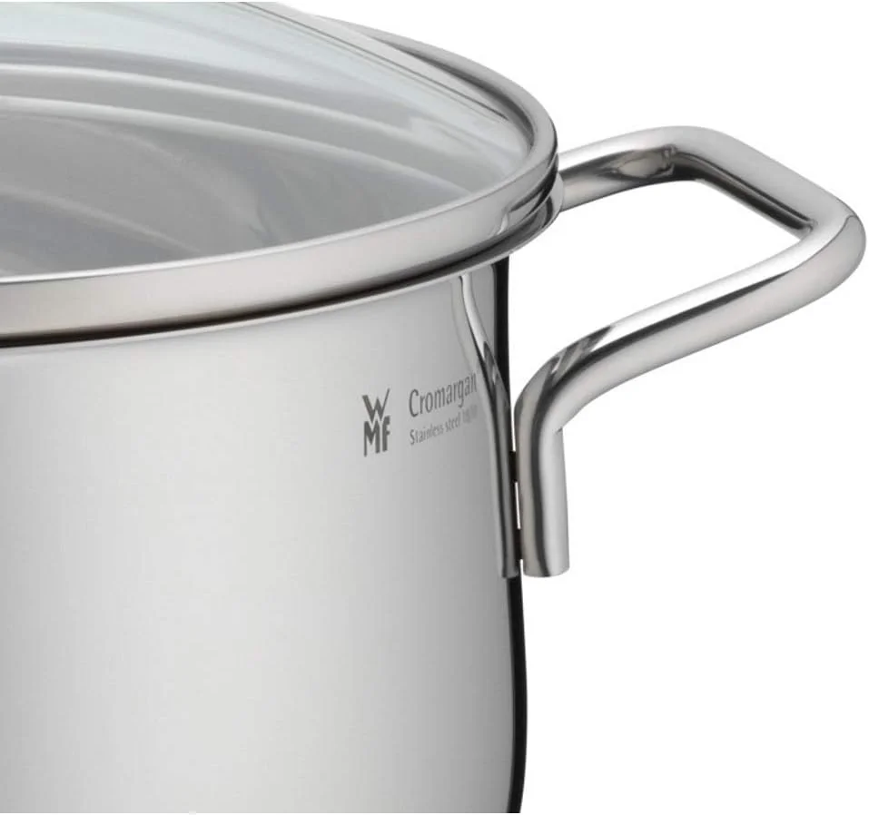 ست قابلمه 3 تکه WMF مدل Diadem Plus لبه دار، درب شیشه ای، استیل ضد زنگ Cromargan، پرداخت شده، مناسب برای اجاق گازهای القایی، قابل شستشو در ماشین ظرفشویی، نقره ای