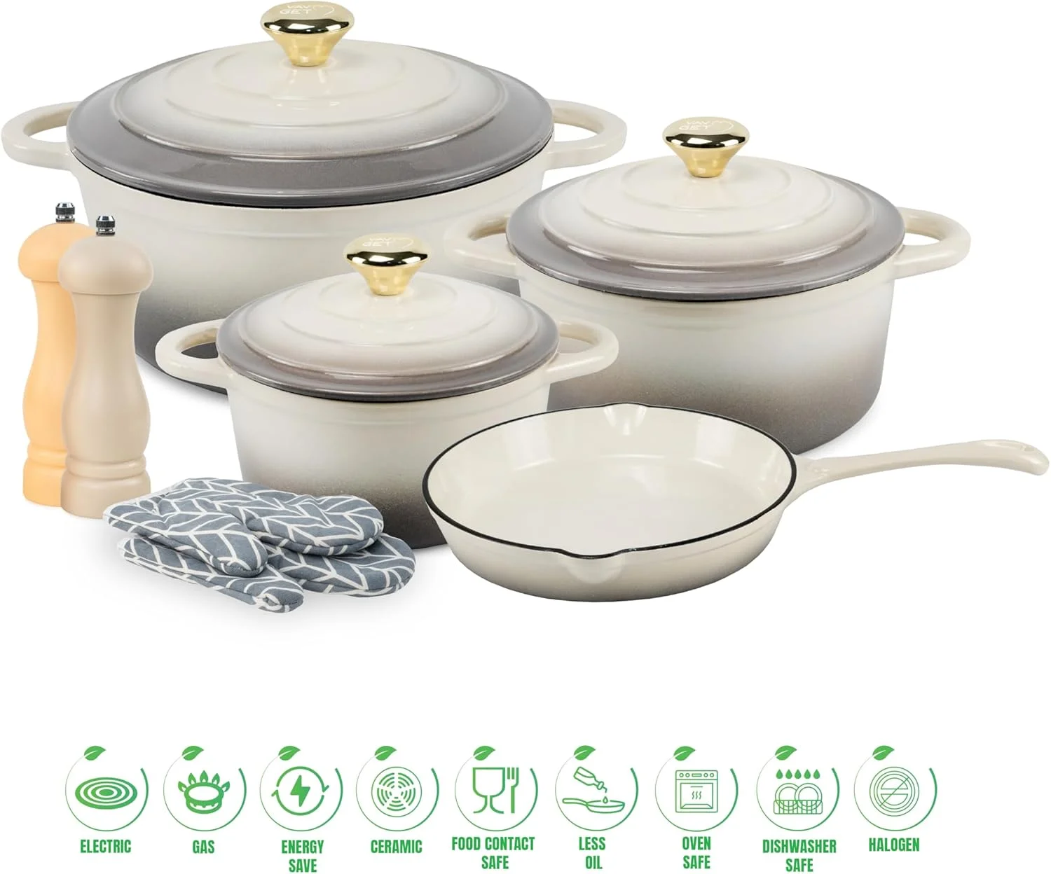 ست 7 پارچه قابلمه و تابه چدنی روکش دار نچسب VAV، سالم و ایمن. این ست شامل: تابه 24 سانتی متری، قابلمه های 18، 21 و 24 سانتی متری به همراه درب، دستکش و آسیاب می باشد.